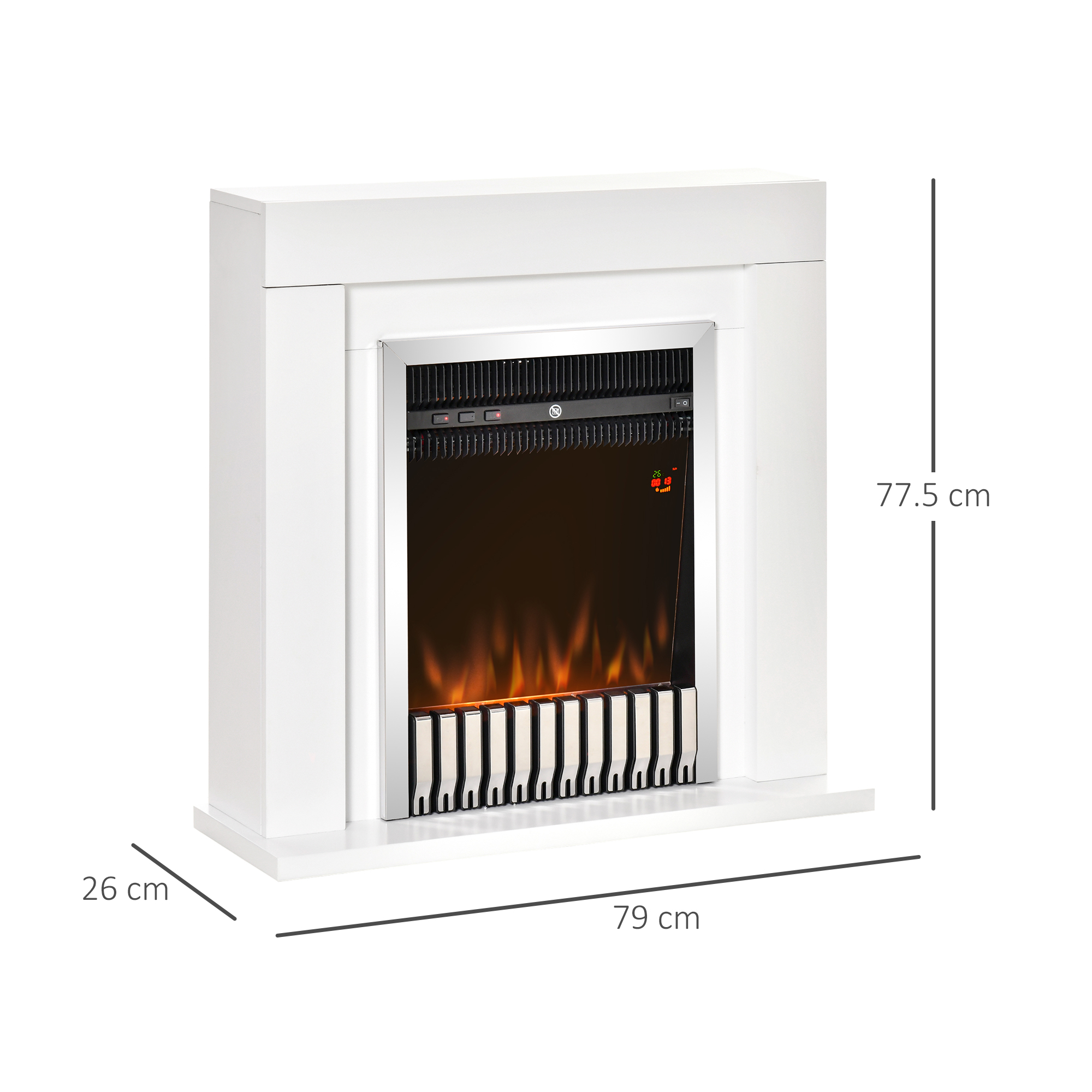 Un caminetto elettrico bianco con dimensioni. Il caminetto ha un interno nero e fiamme.