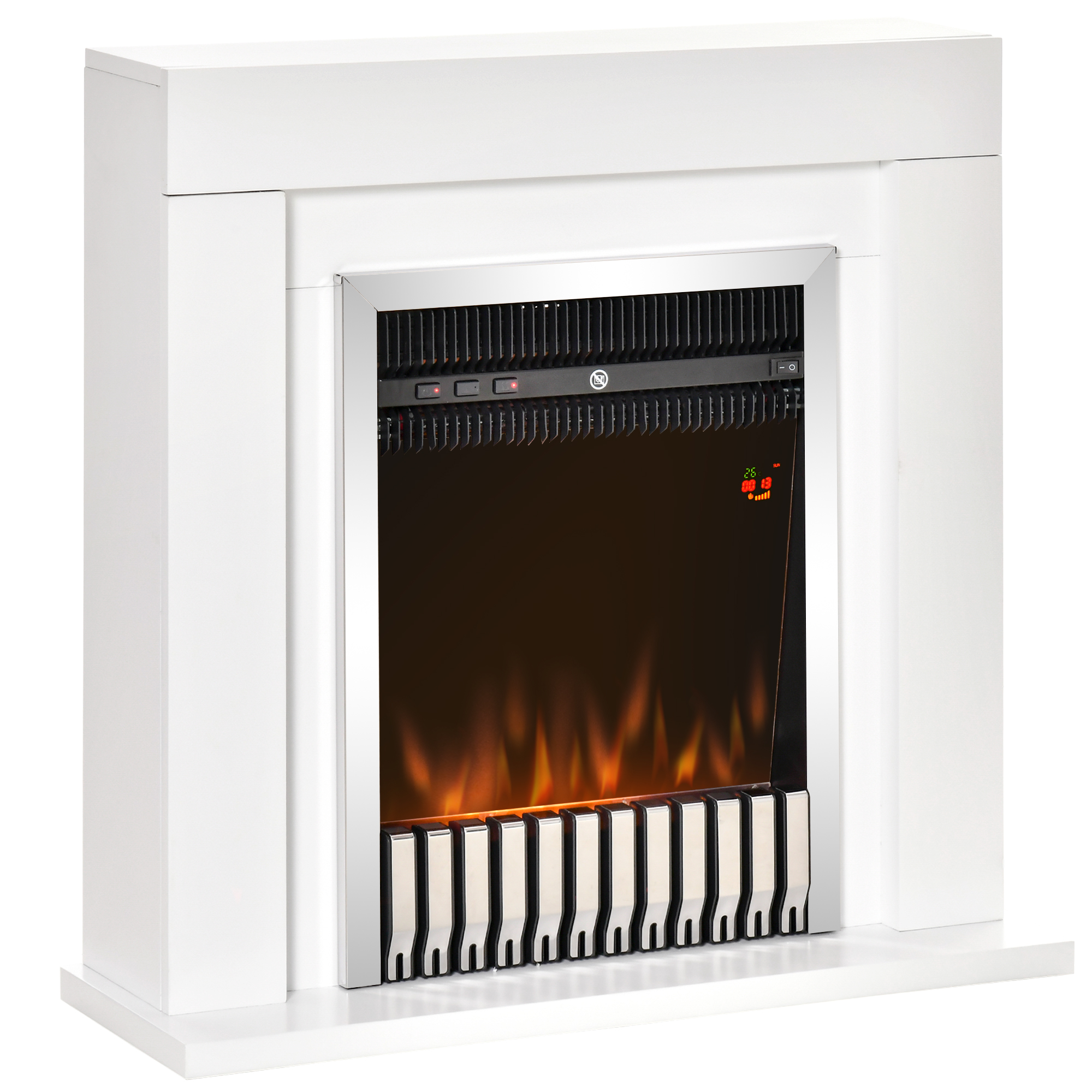 Caminetto elettrico bianco con interno nero ed effetto fiamma.