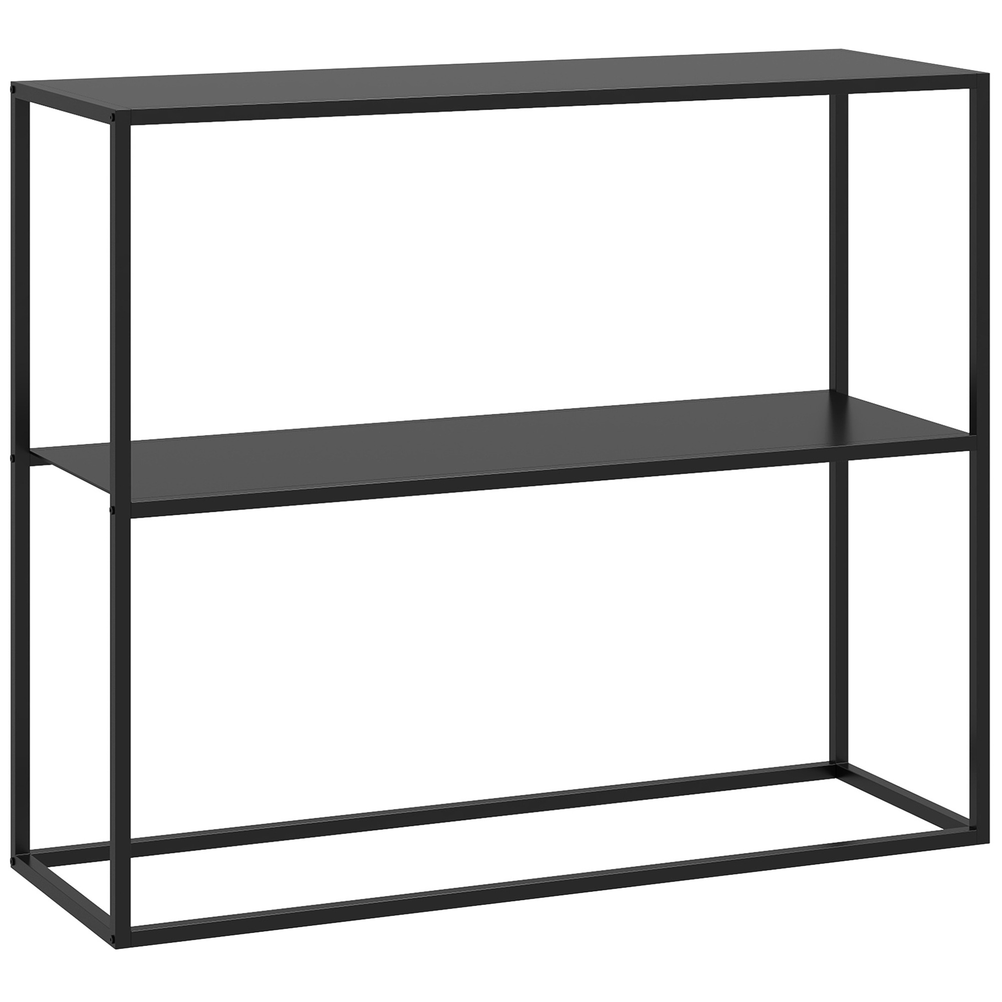 Consolle in metallo nero con due ripiani. Design con telaio geometrico. Sfondo bianco.