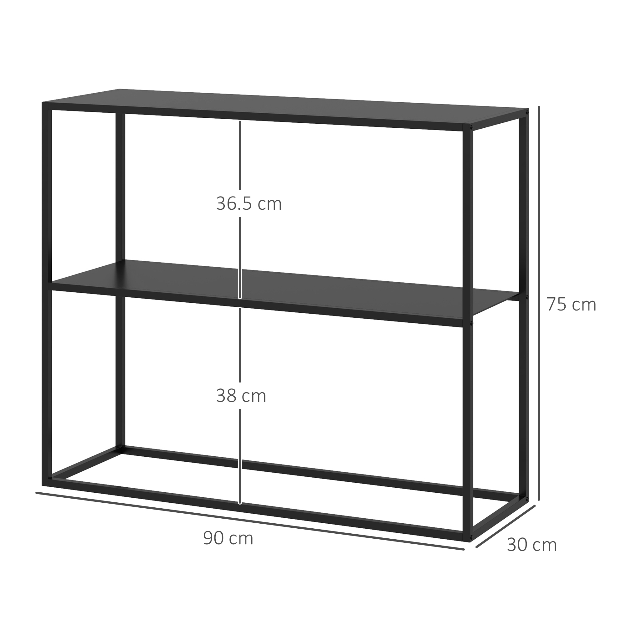 Scaffale in metallo nero con due ripiani, dimensioni visibili.