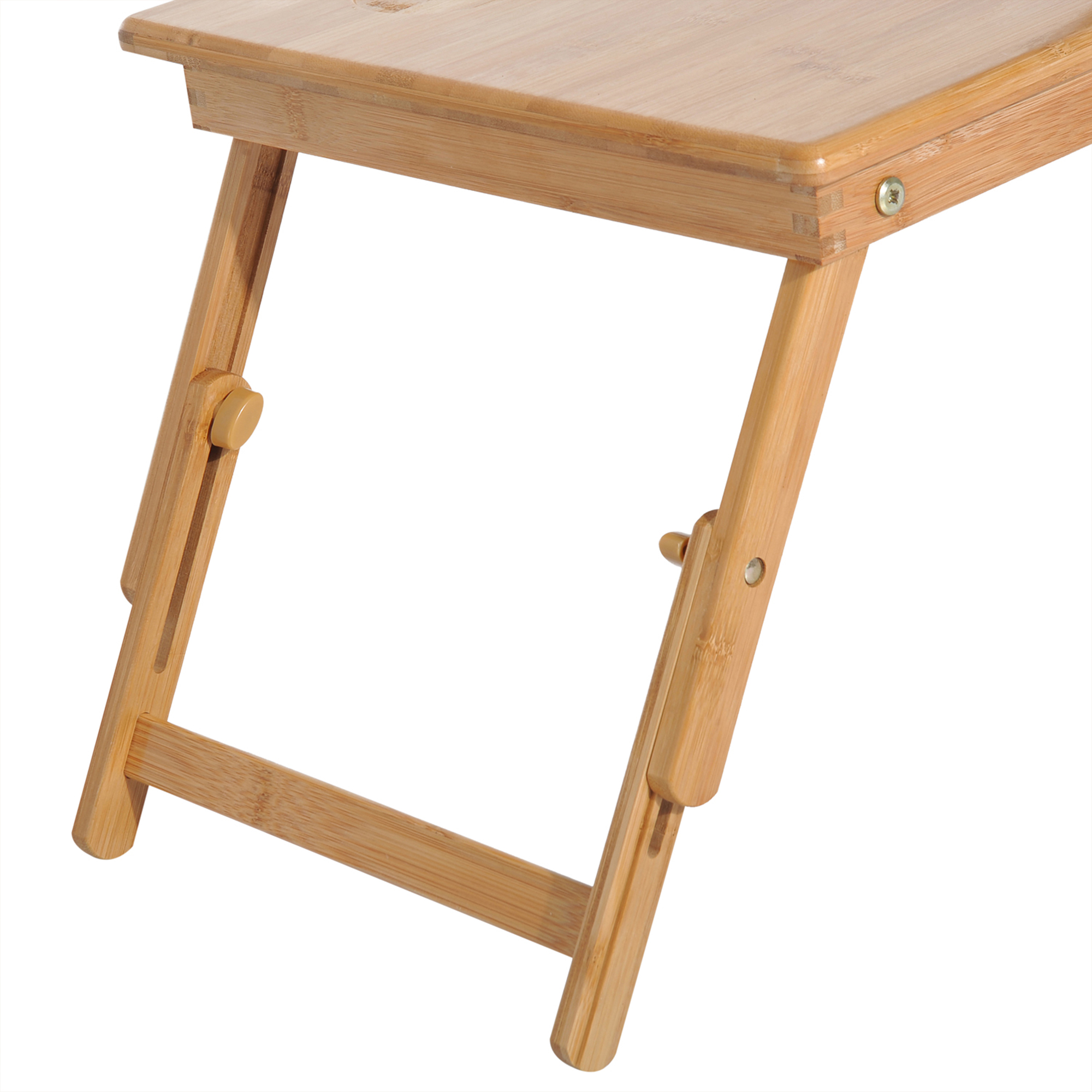 Un vassoio da letto pieghevole in legno con bordi rialzati e gambe estese.