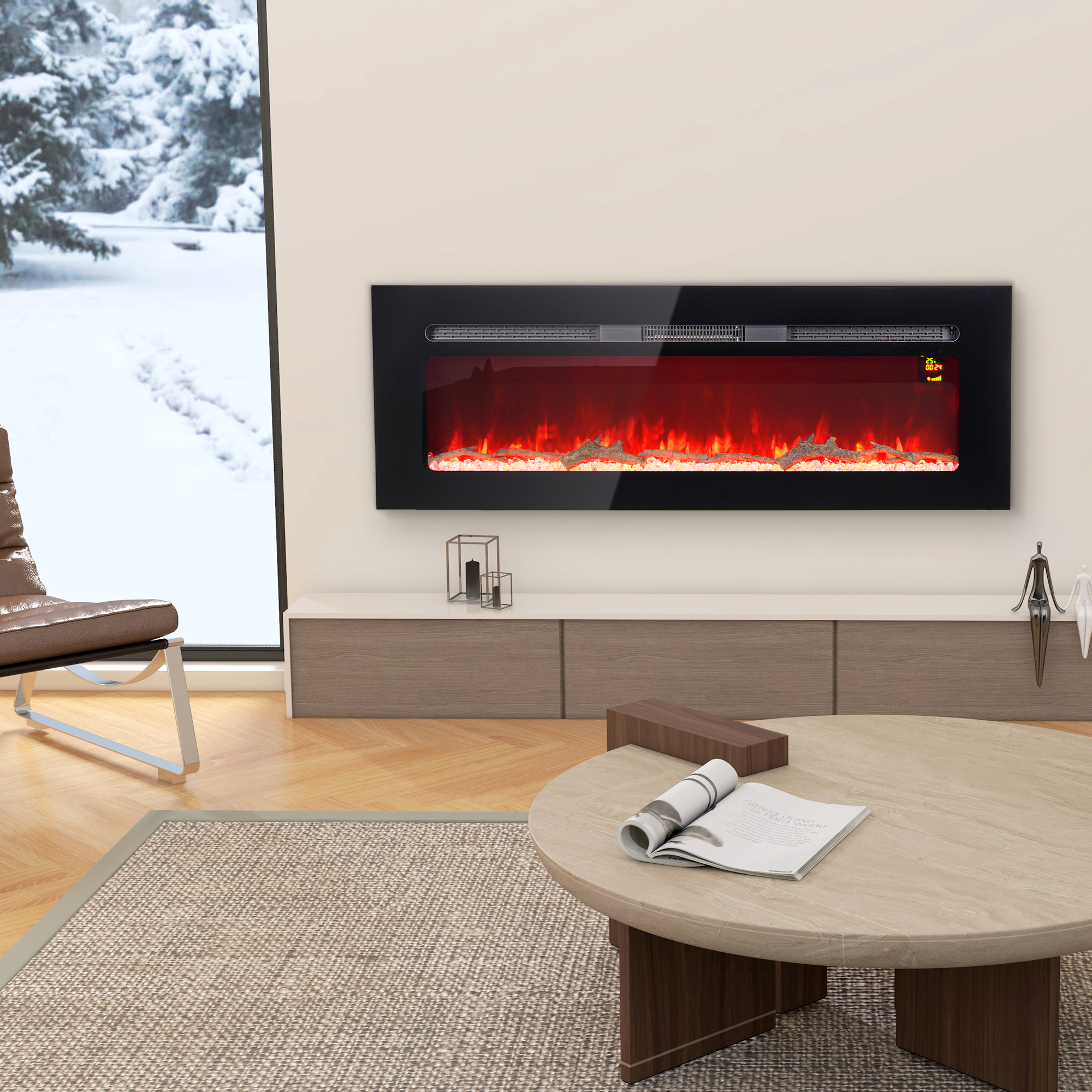 Un caminetto elettrico con cornice nera e effetto fiamma rossa. C'è una finestra sullo sfondo.