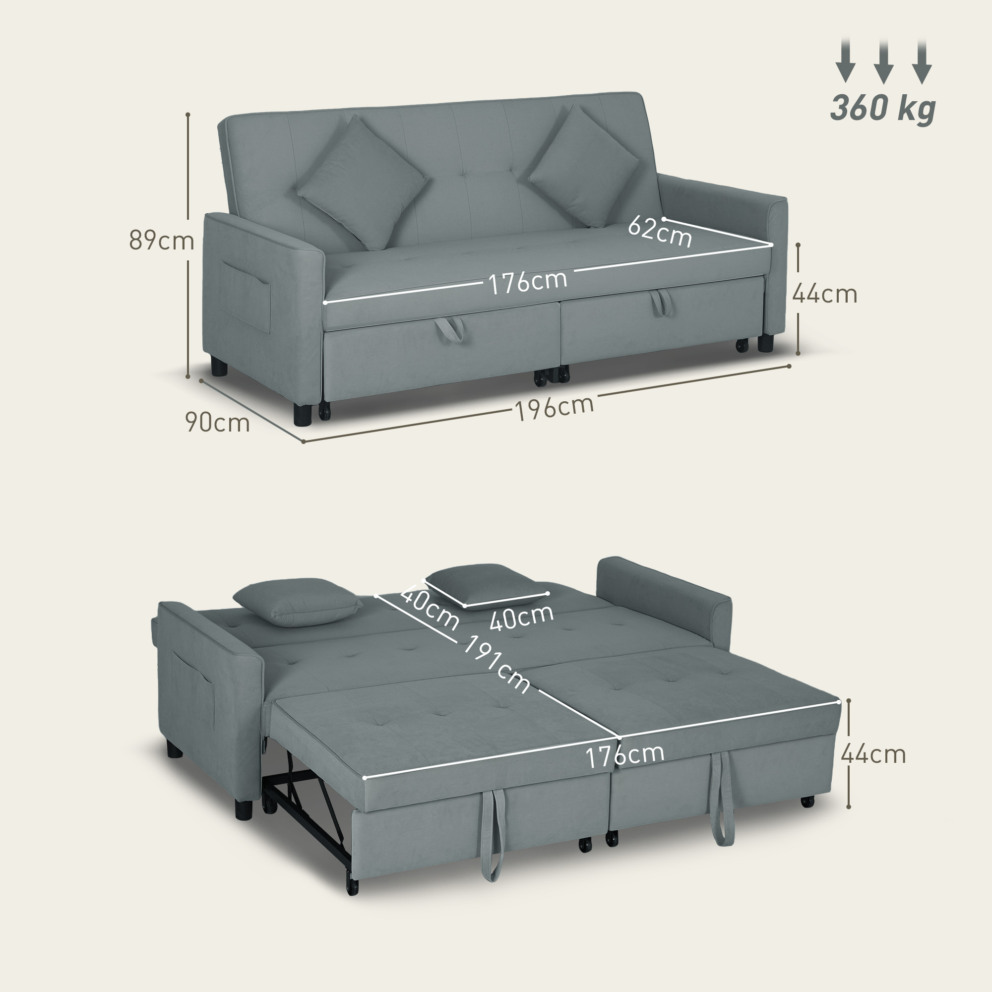 Divano letto grigio con dimensioni e capacità di peso, mostrato chiuso e aperto per dormire.