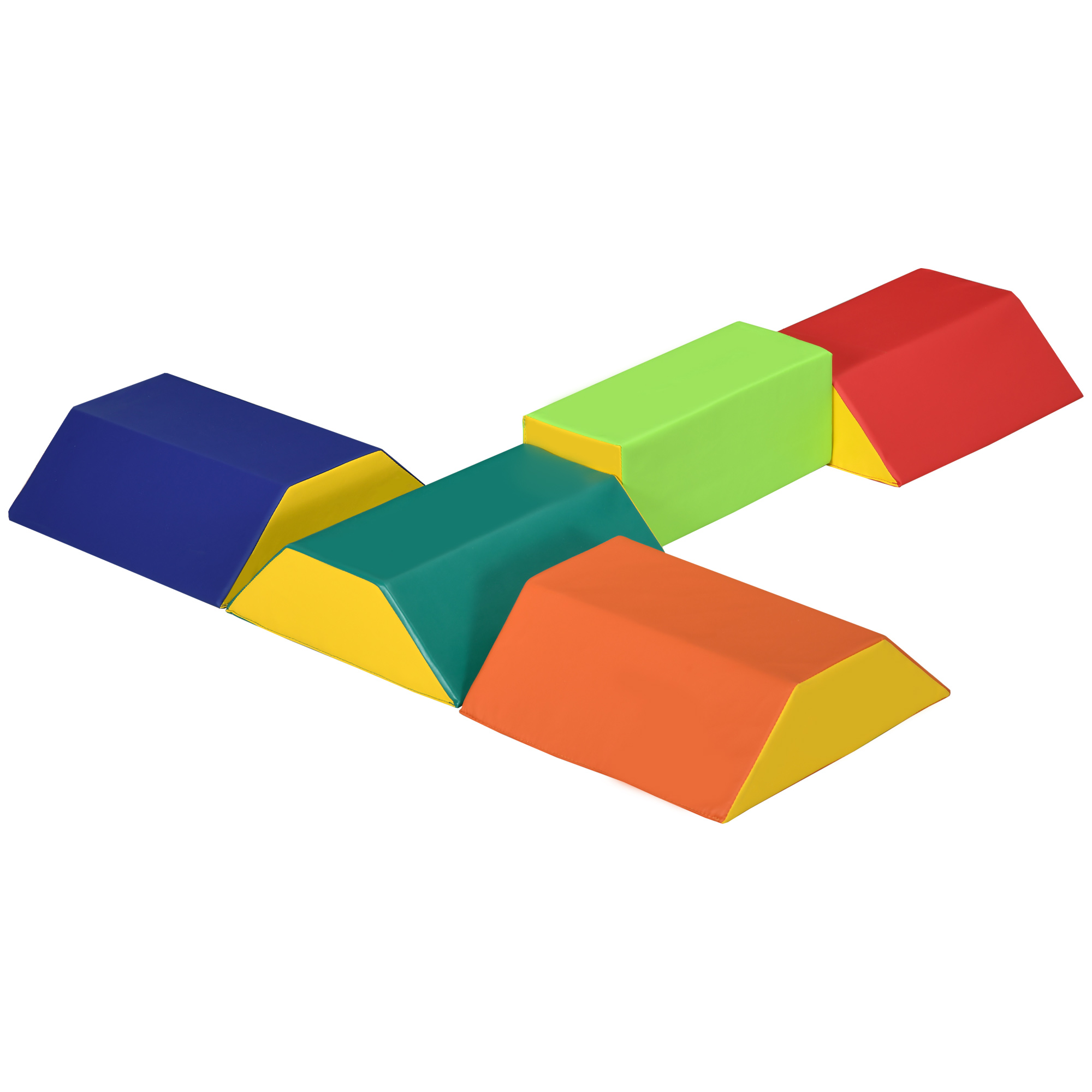 Blocchi di schiuma colorati disposti a forma di T. Sfondo bianco.