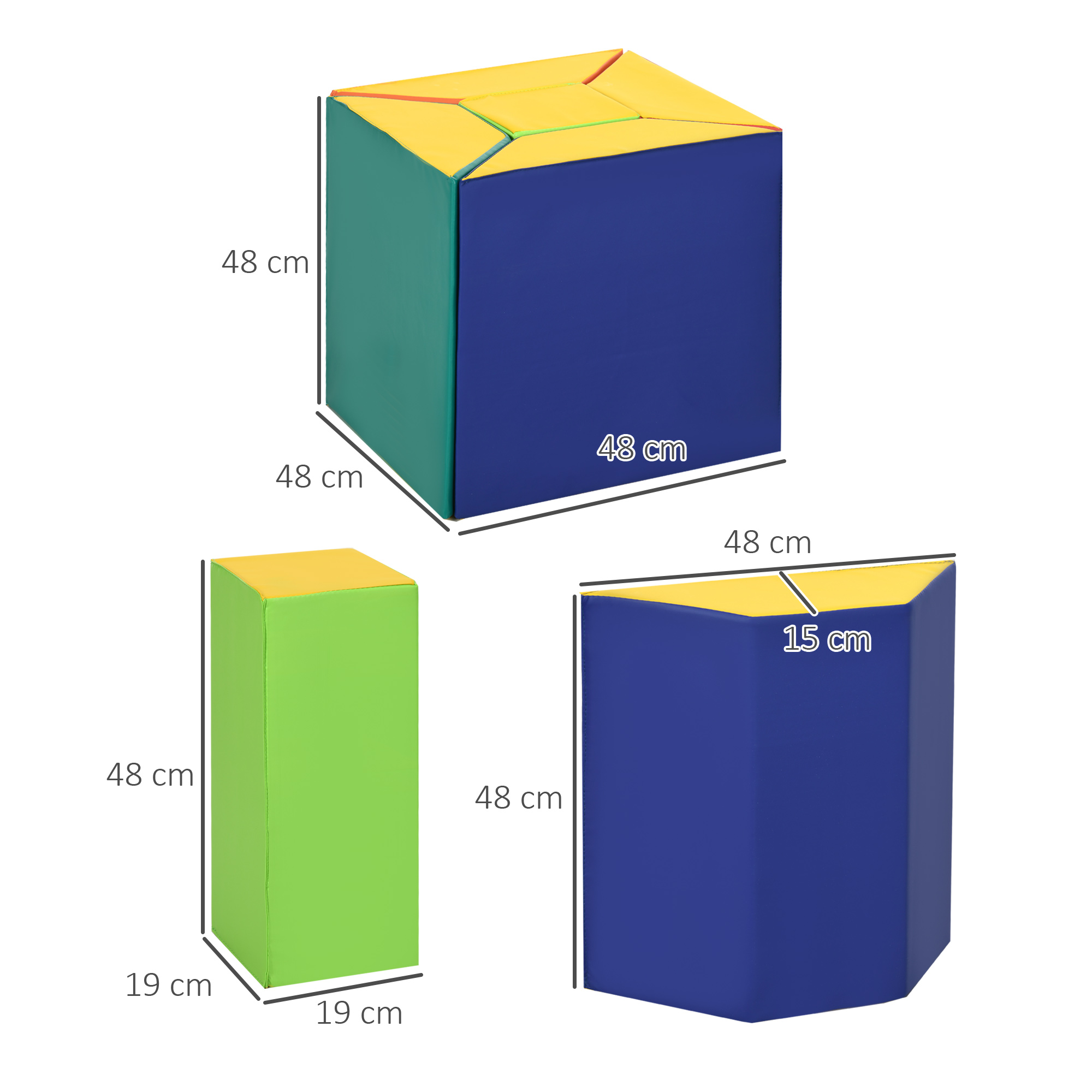 Tre blocchi di schiuma colorati. Sono verdi, blu e gialli, con le misure etichettate sopra.