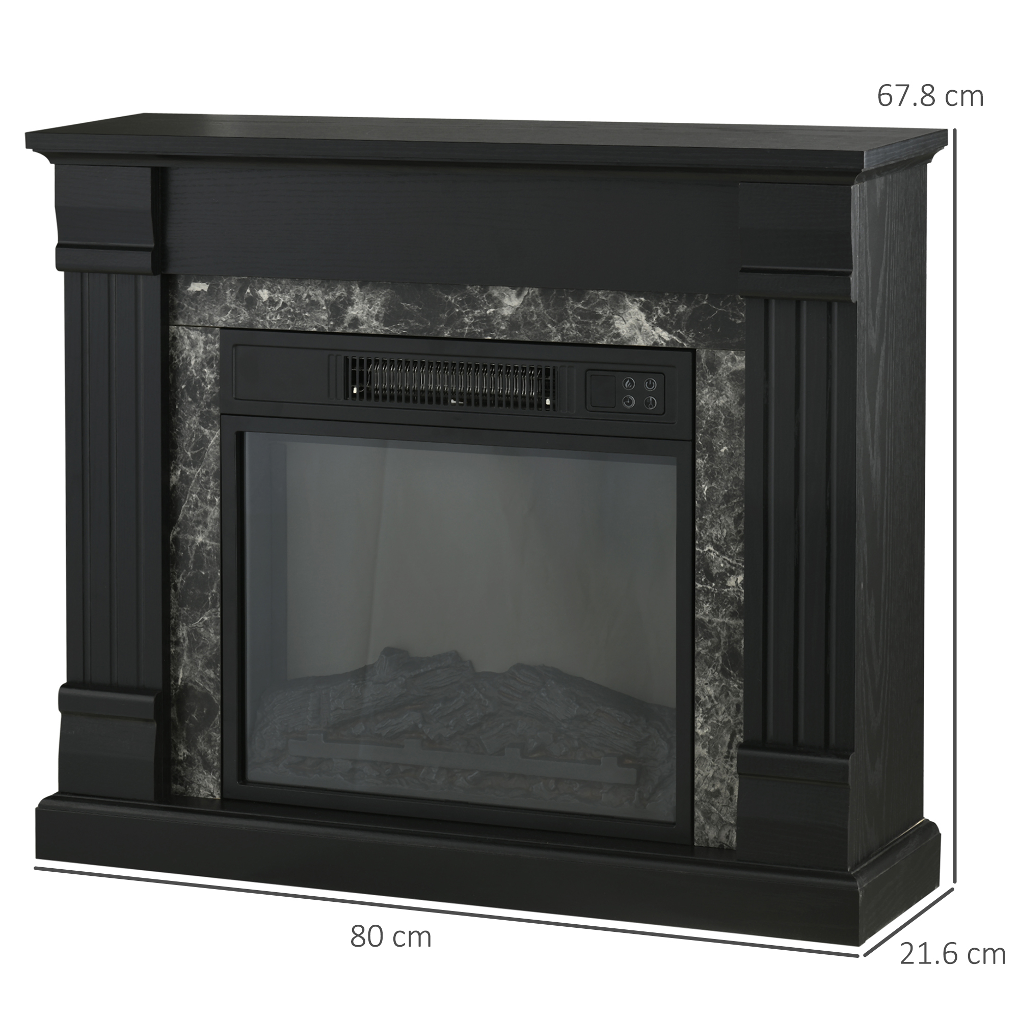 Caminetto elettrico nero con dettagli effetto marmo, dimensioni: 80x67,8x21,6cm. Include vetro frontale e pannello comandi.