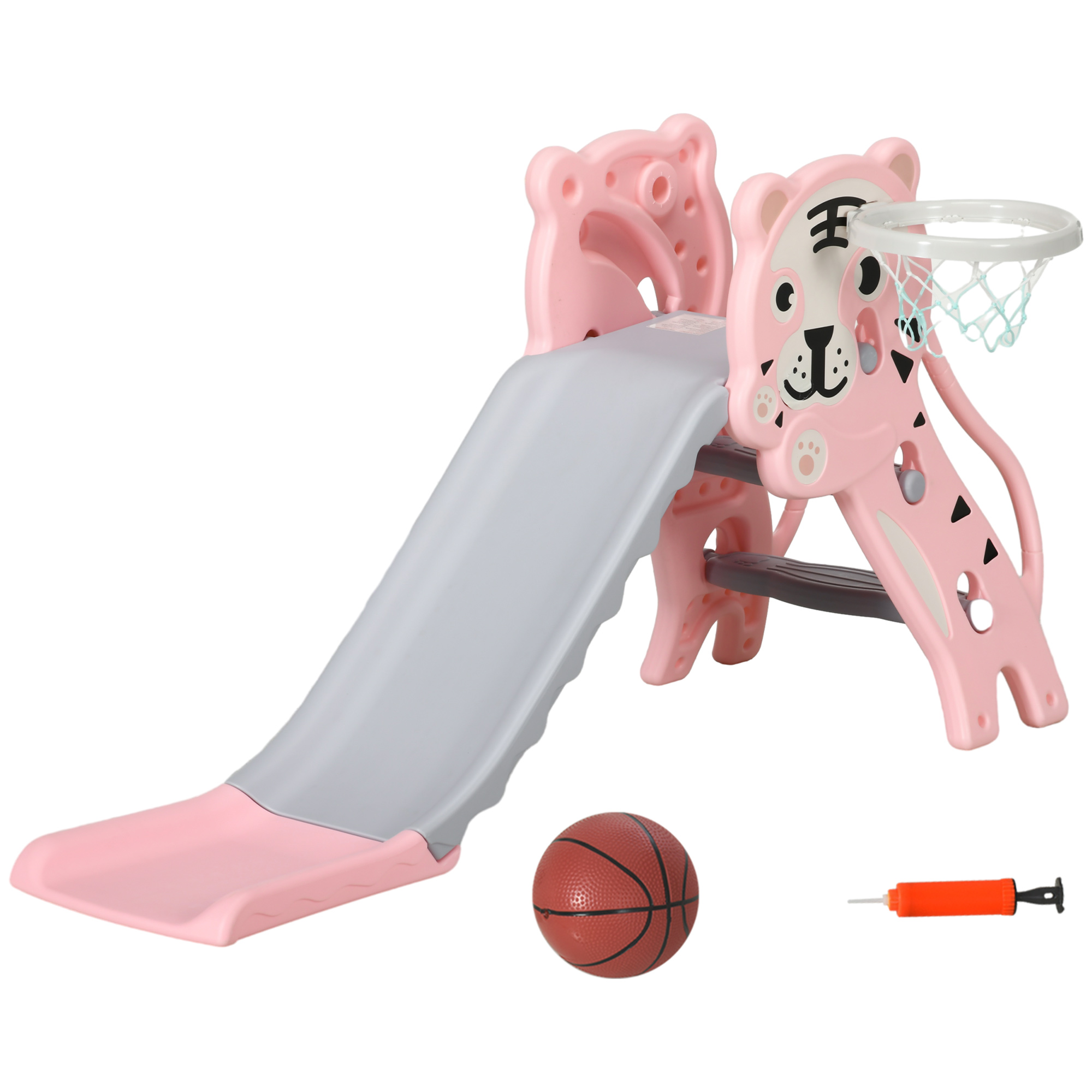 Scivolo rosa a forma di tigre con pallone da basket, pompa e rete.