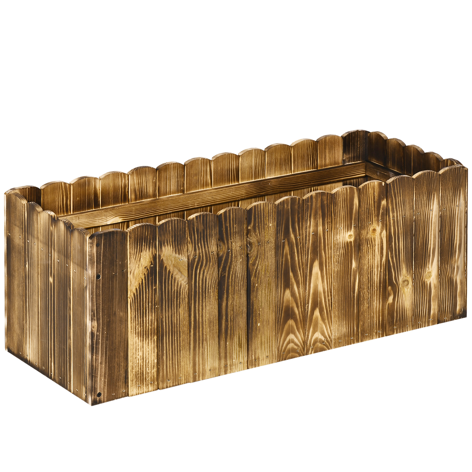 Fioriera in legno con bordo superiore smerlato, legno marrone.