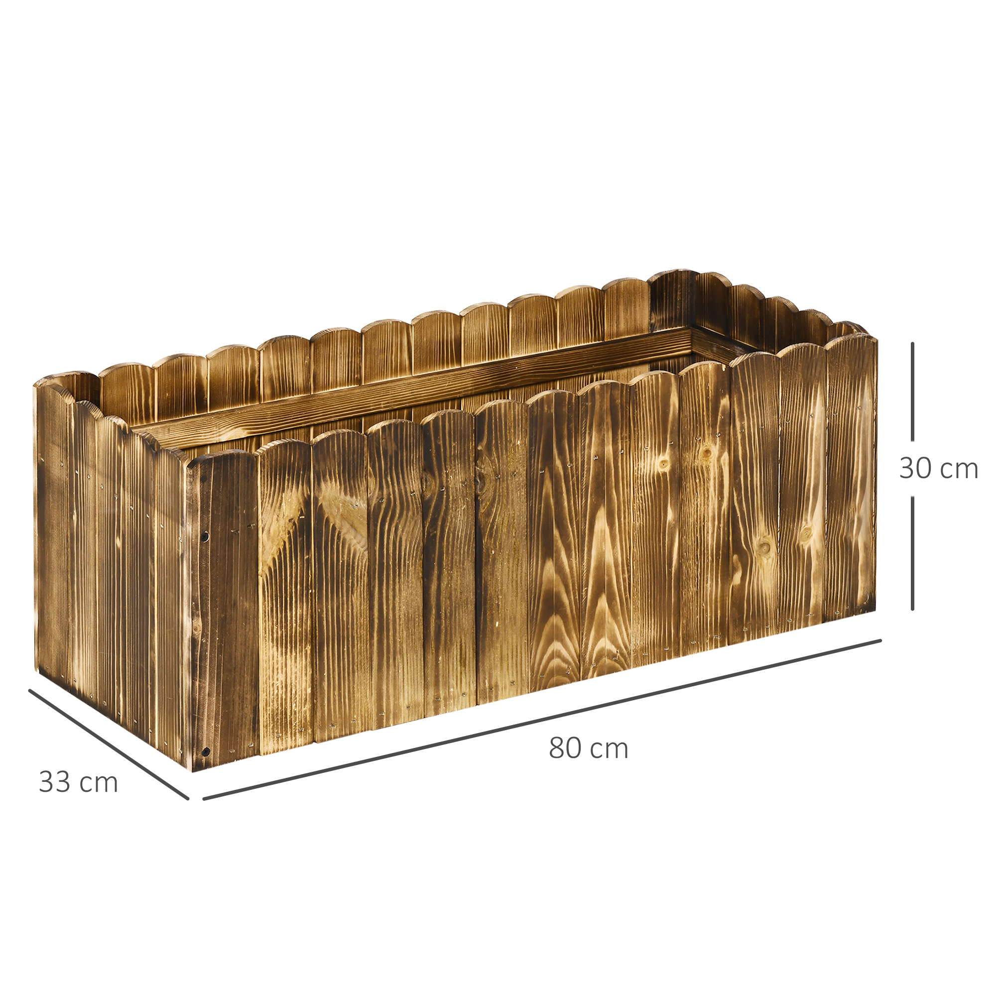Una fioriera rettangolare in legno con dimensioni indicate.