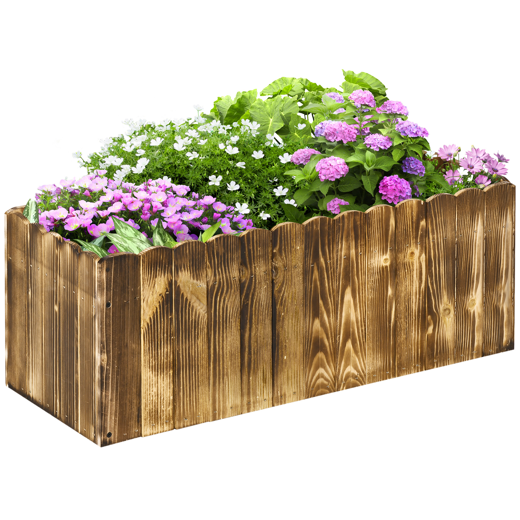 Una fioriera in legno con fiori e piante, con un design a bordo rustico.