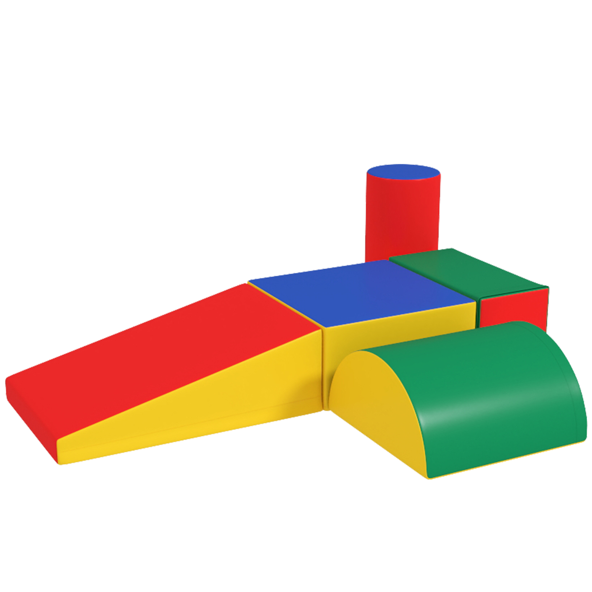 Set da gioco in schiuma colorata. Include blocchi rossi, gialli, blu e verdi. Il set è su sfondo bianco.