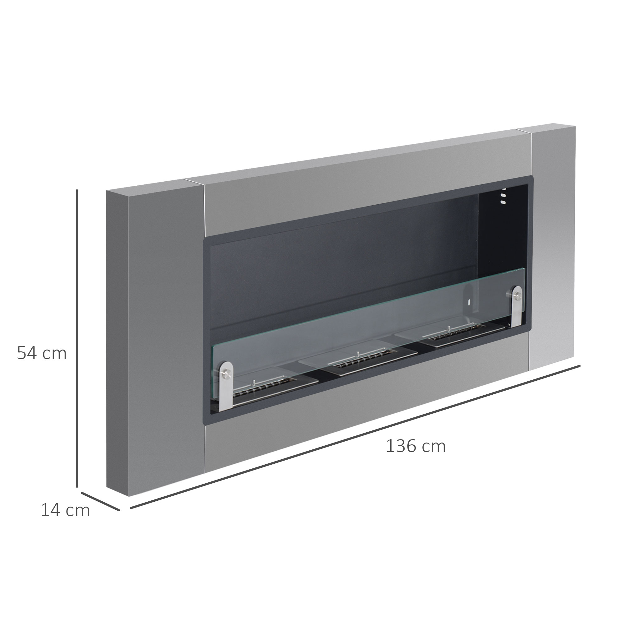 Un caminetto moderno, con cornice grigia, le dimensioni sono indicate.