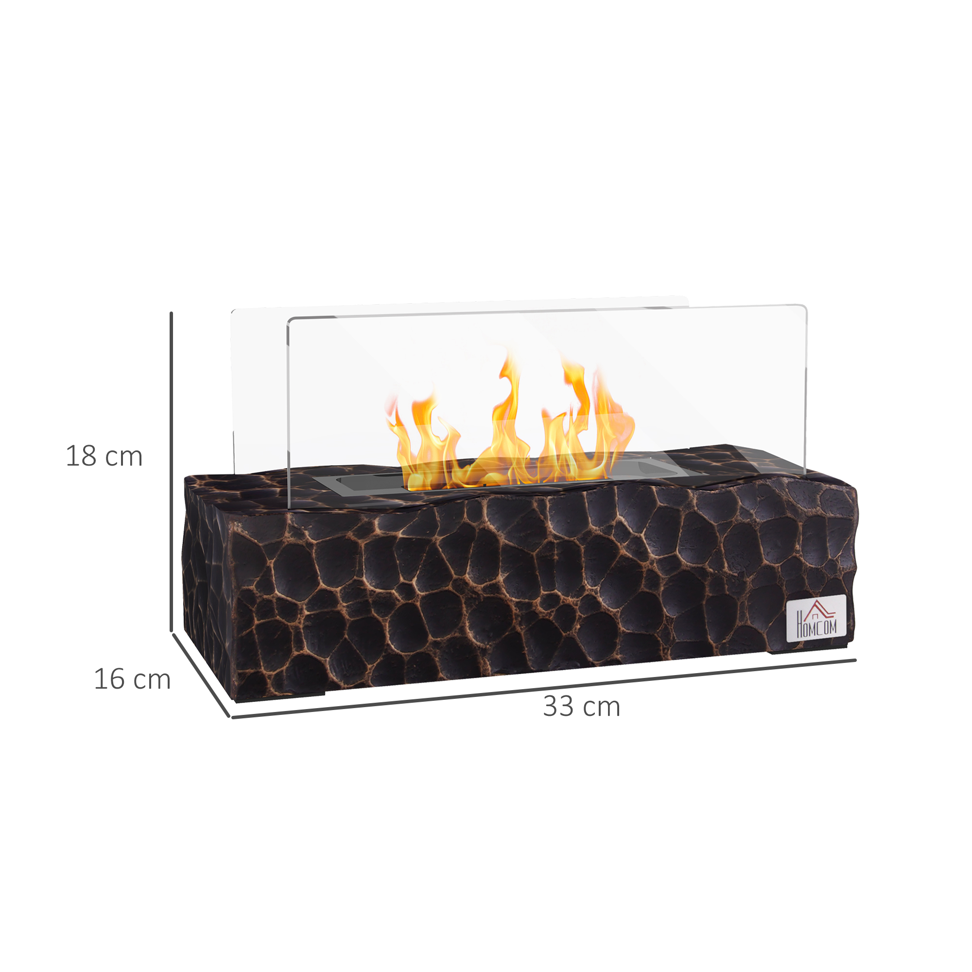 Un piccolo camino decorativo con effetto fiamma, realizzato in materiale simile alla pietra.