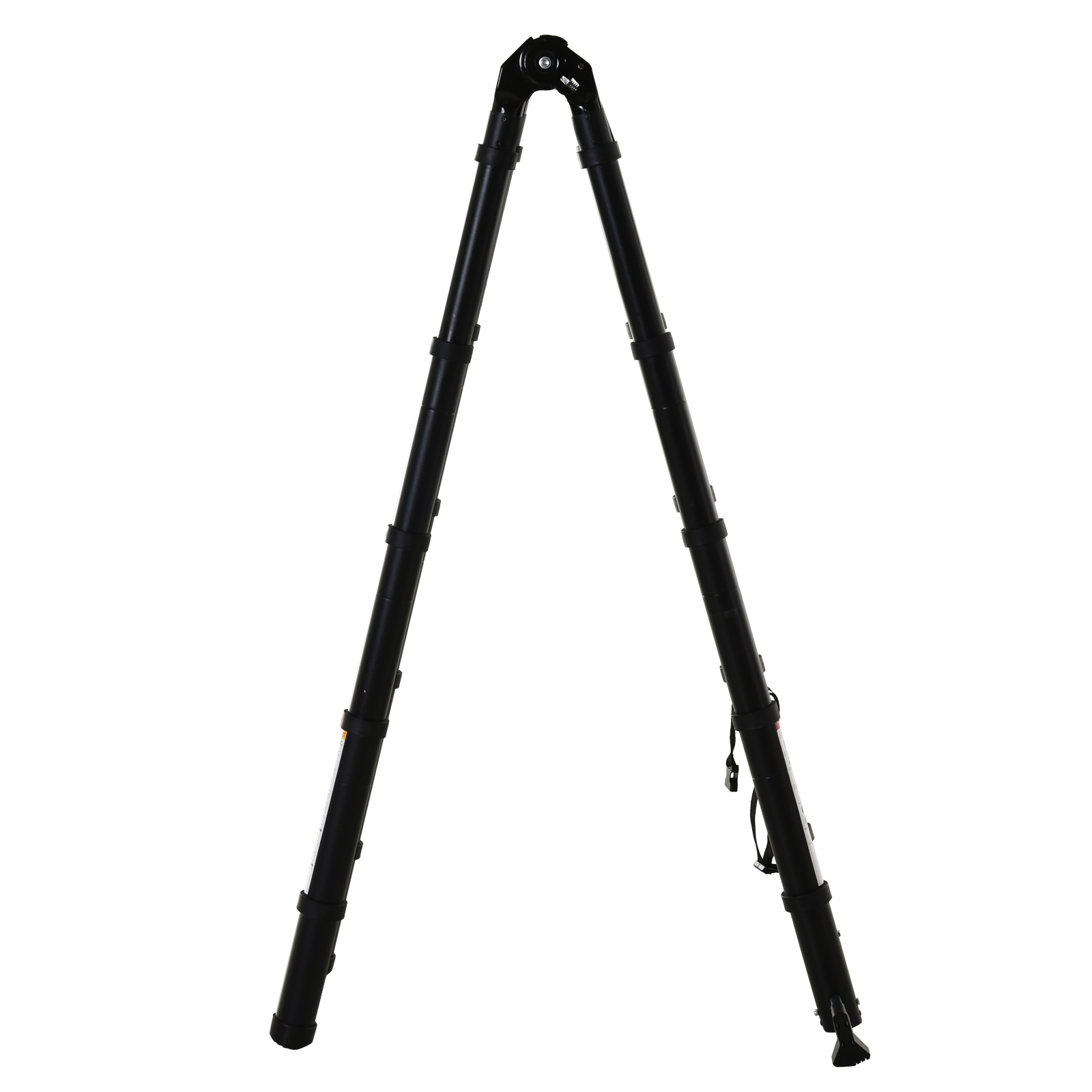 Treppiede nero con gambe regolabili, inclinato su sfondo bianco.