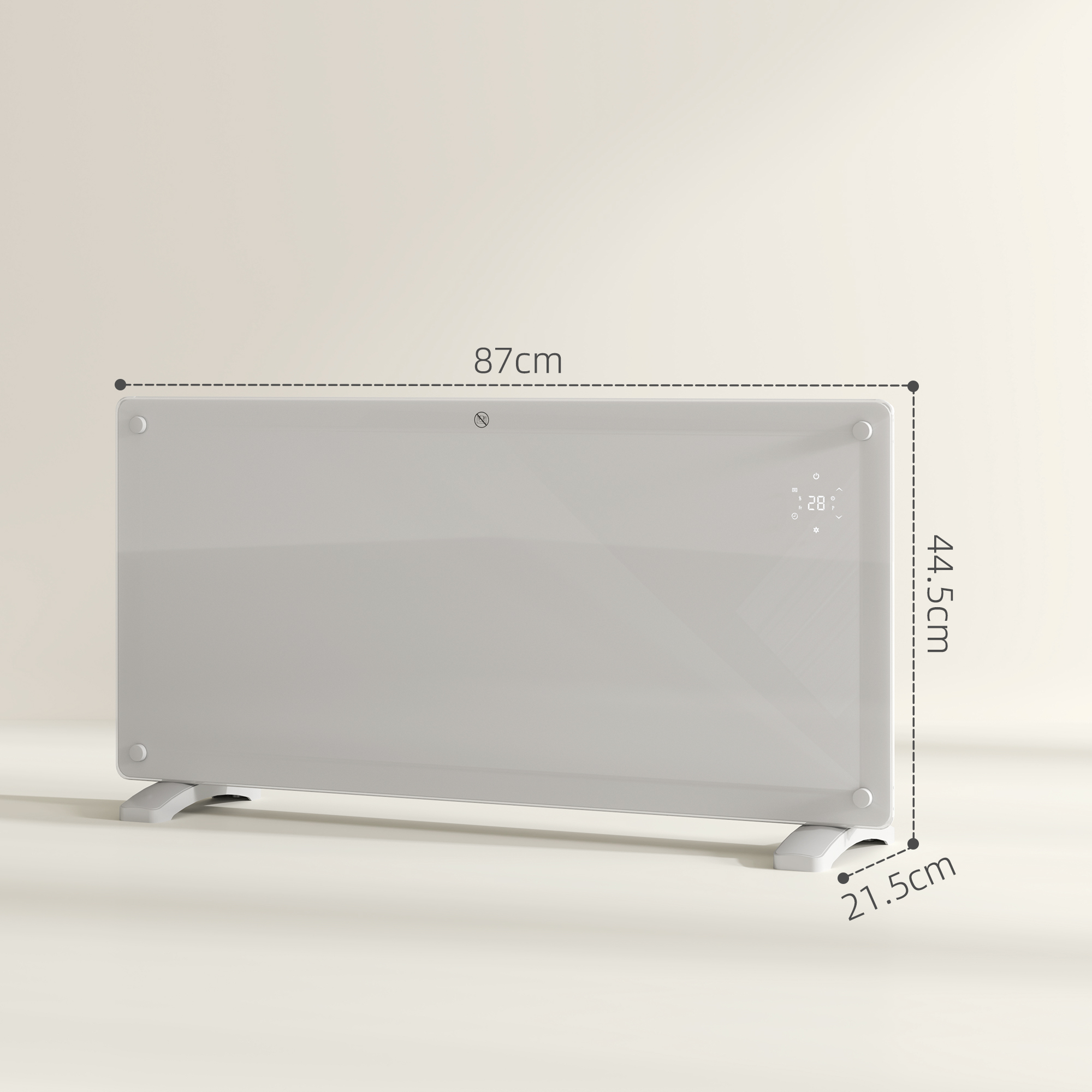 Termoconvettore elettrico bianco con dimensioni indicate. Ha un display digitale.