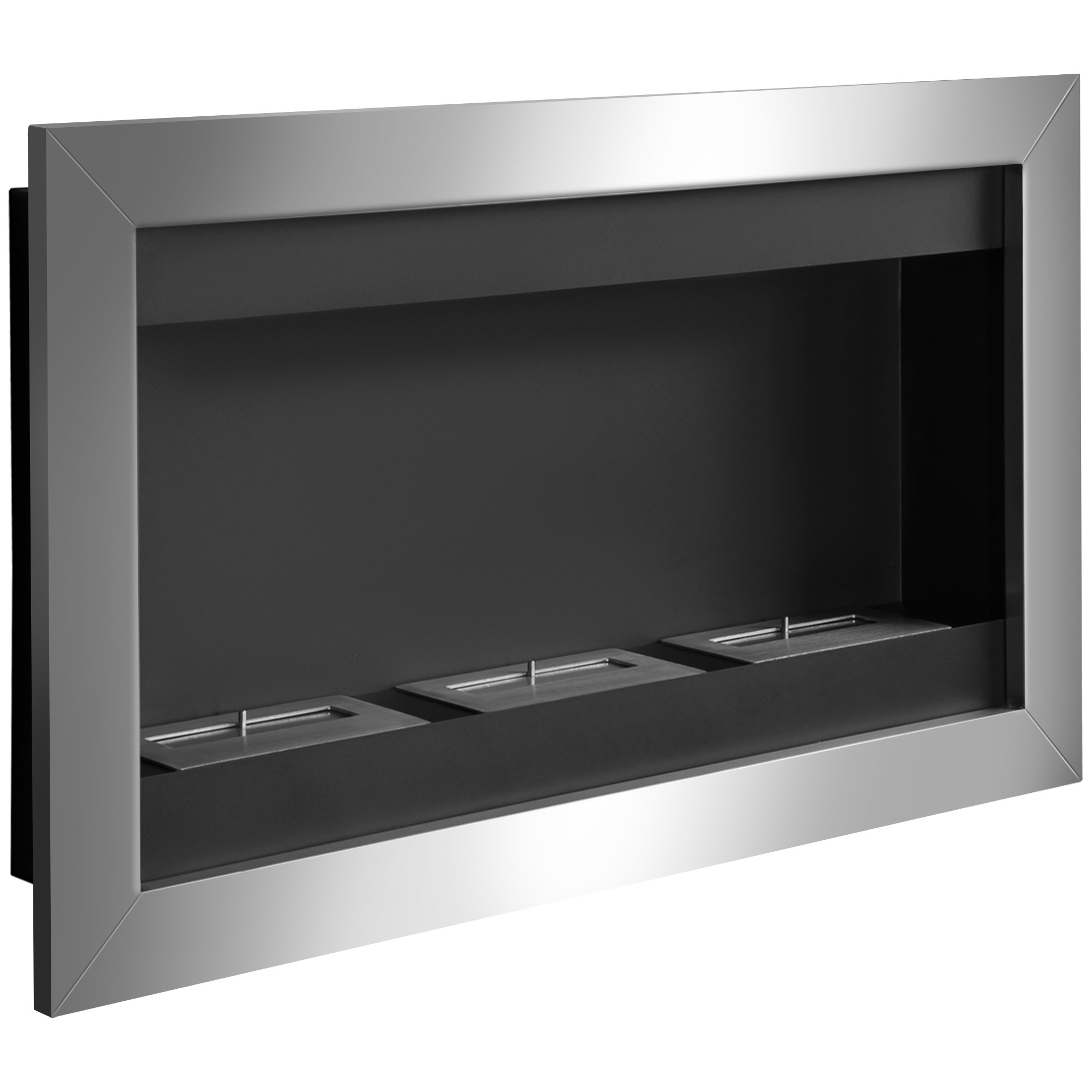 Inserto per camino in acciaio inox con interno nero. Sono visibili tre fessure per bruciatori.
