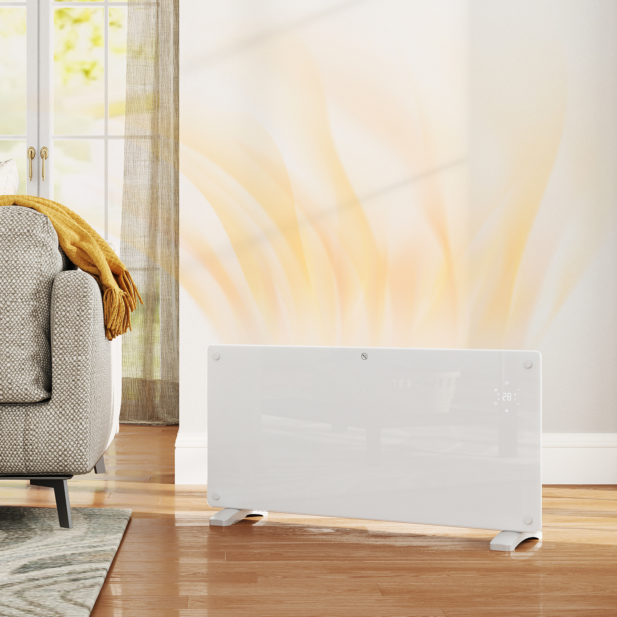 Un riscaldatore elettrico bianco davanti a una finestra, con un divano e una coperta gialla visibili.