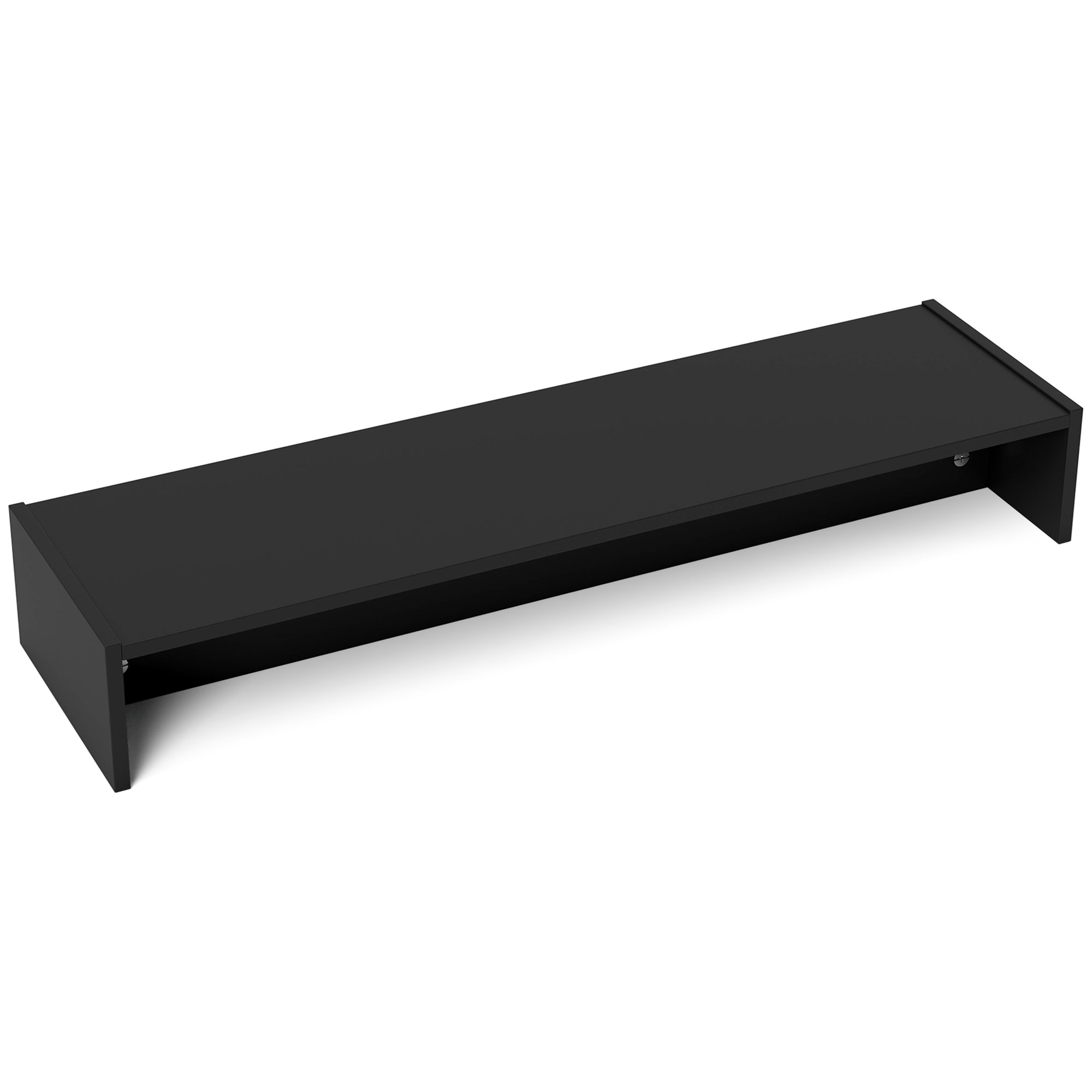 Supporto per monitor nero, design semplice, spazio scrivania rialzato per un monitor.
