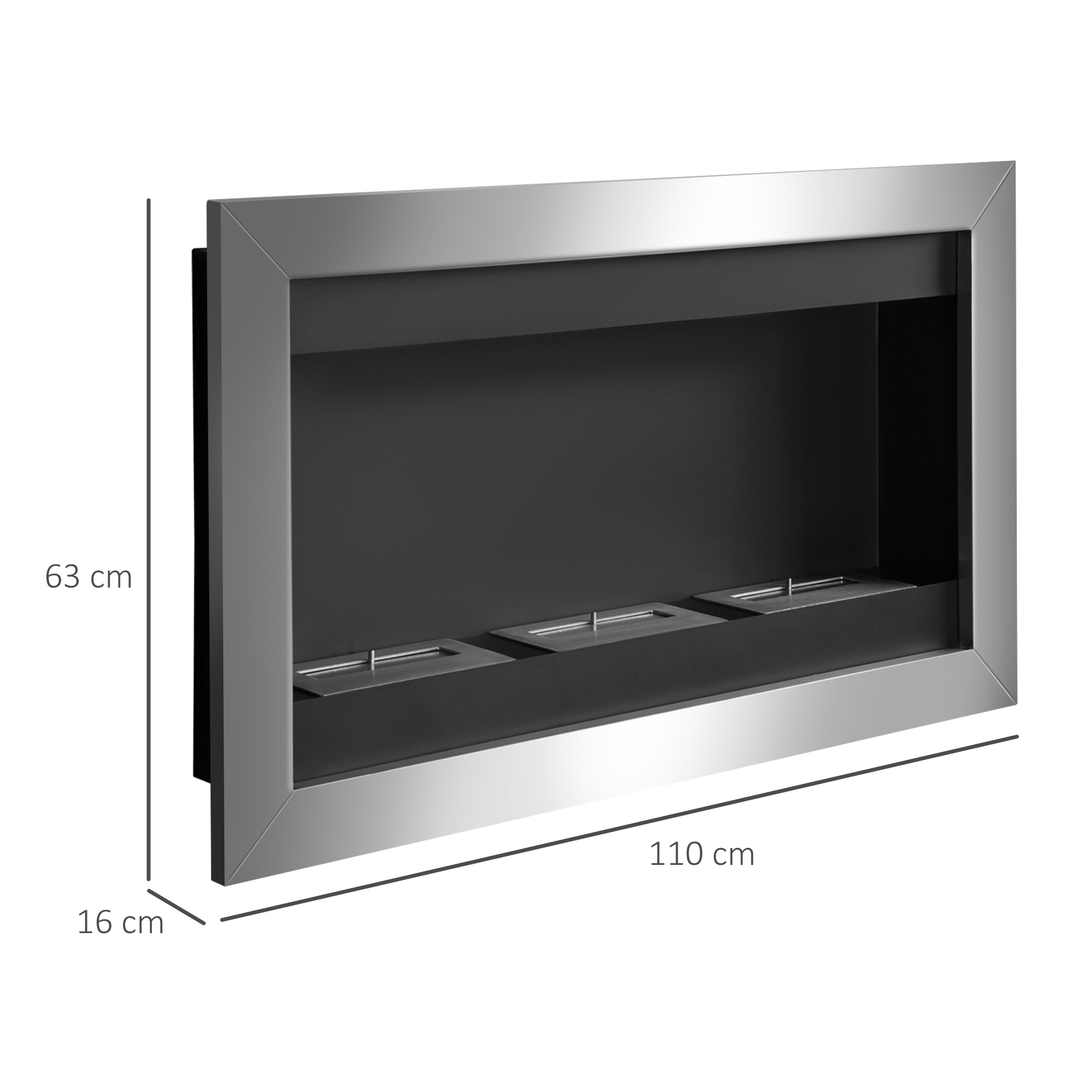 Caminetto con dimensioni, cornice in acciaio inossidabile, interno nero e fiamme.