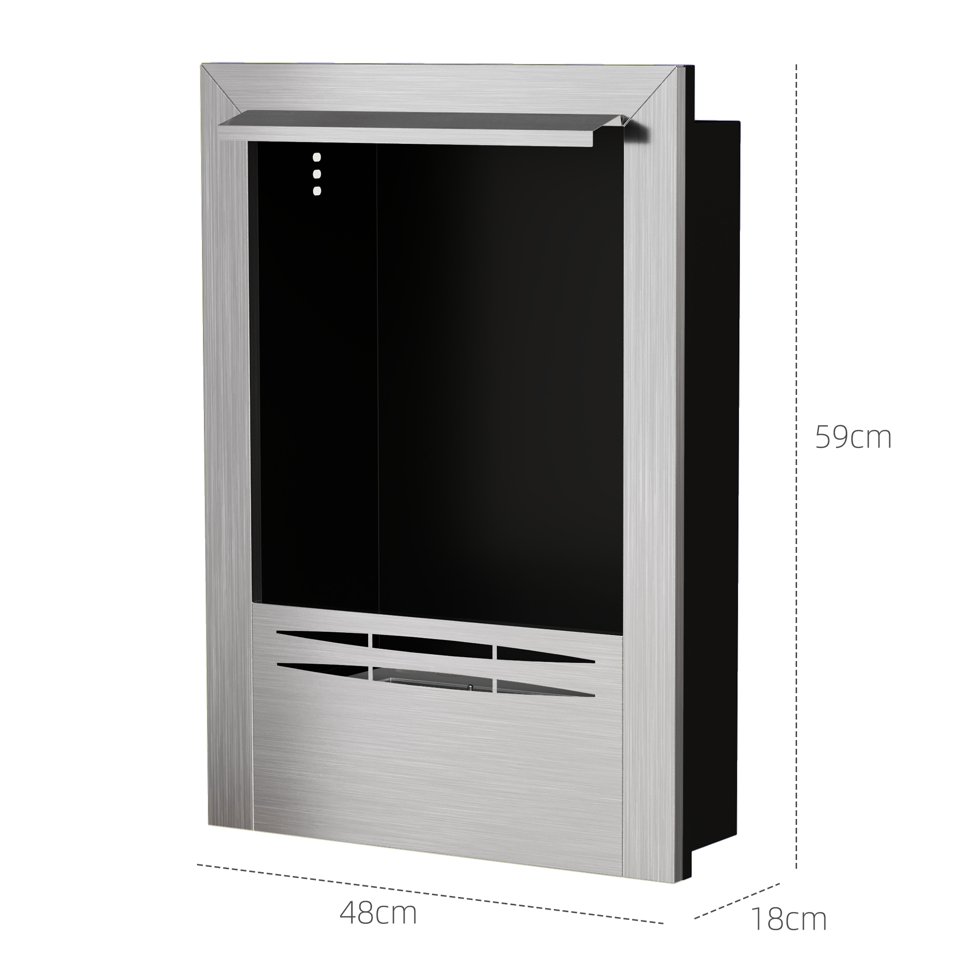 Caminetto in acciaio inox spazzolato. Dimensioni: 48cm larghezza, 59cm altezza, 18cm profondità.
