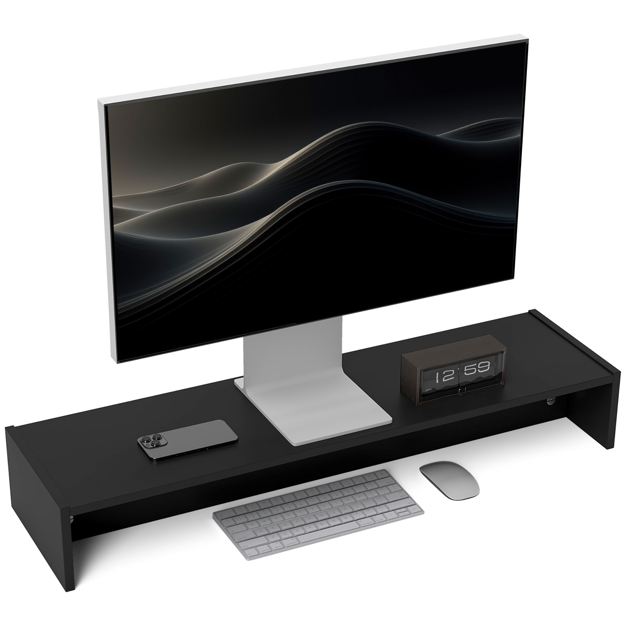 Supporto monitor nero con monitor, telefono, orologio e tastiera.