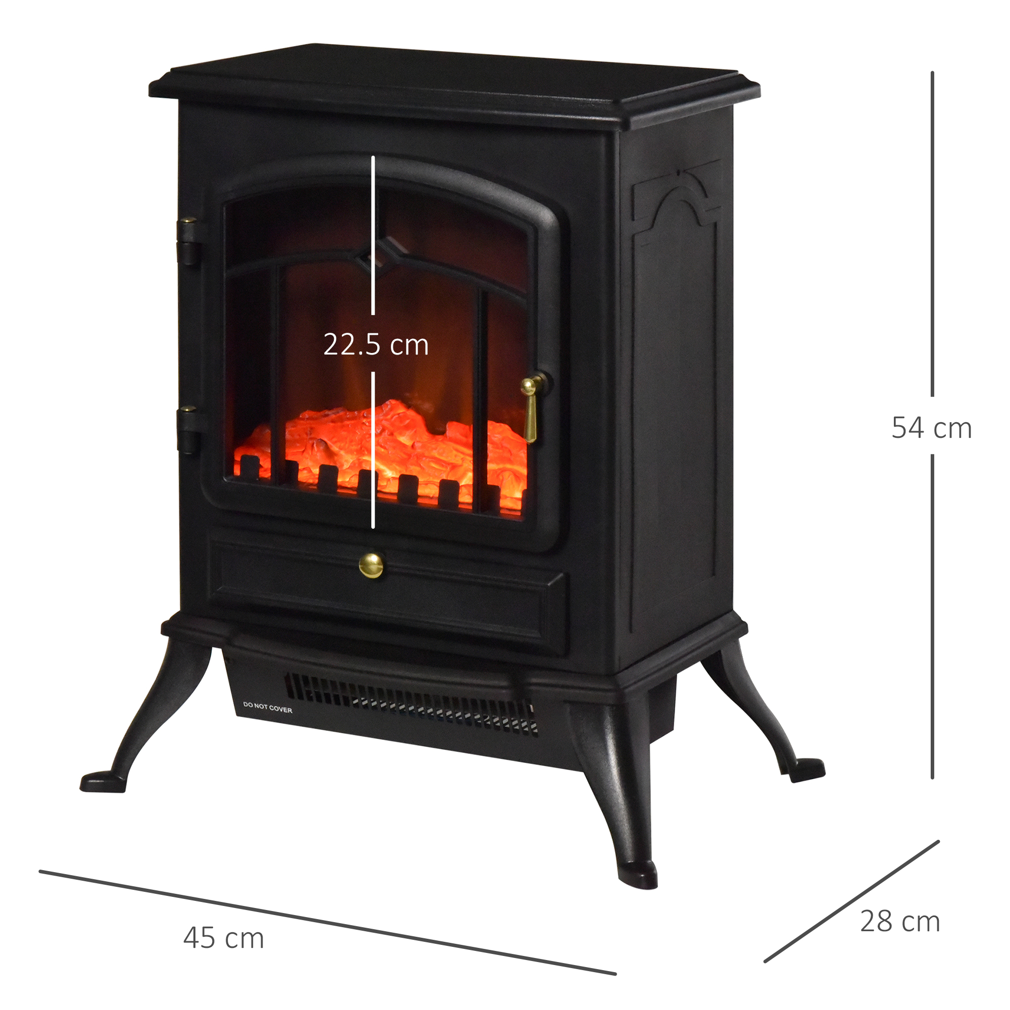 Caminetto elettrico nero con fiamme visibili. Le misure sono visualizzate sull'immagine.