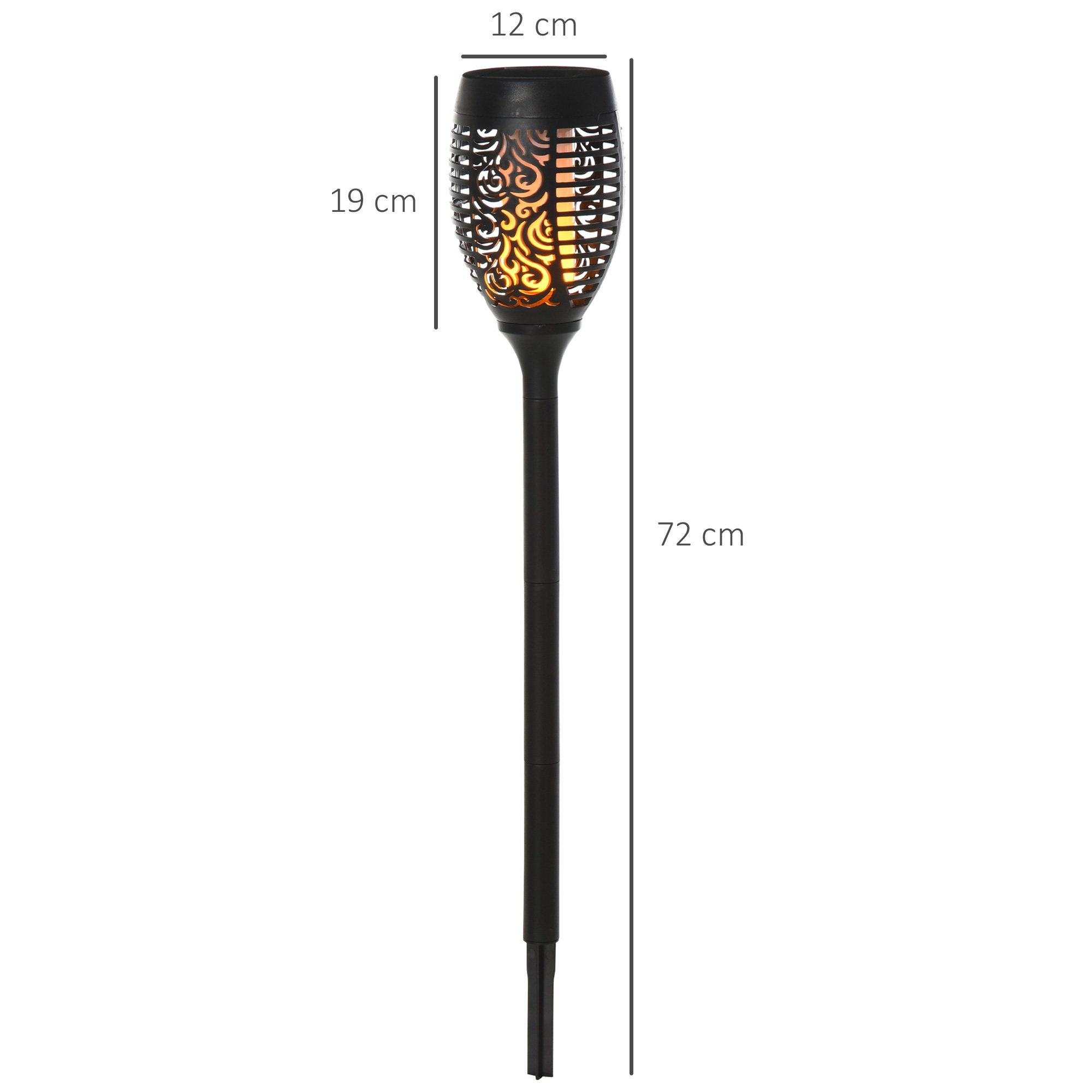 Torcia nera con effetto fiamma, alta 72 cm, con dimensioni laterali.