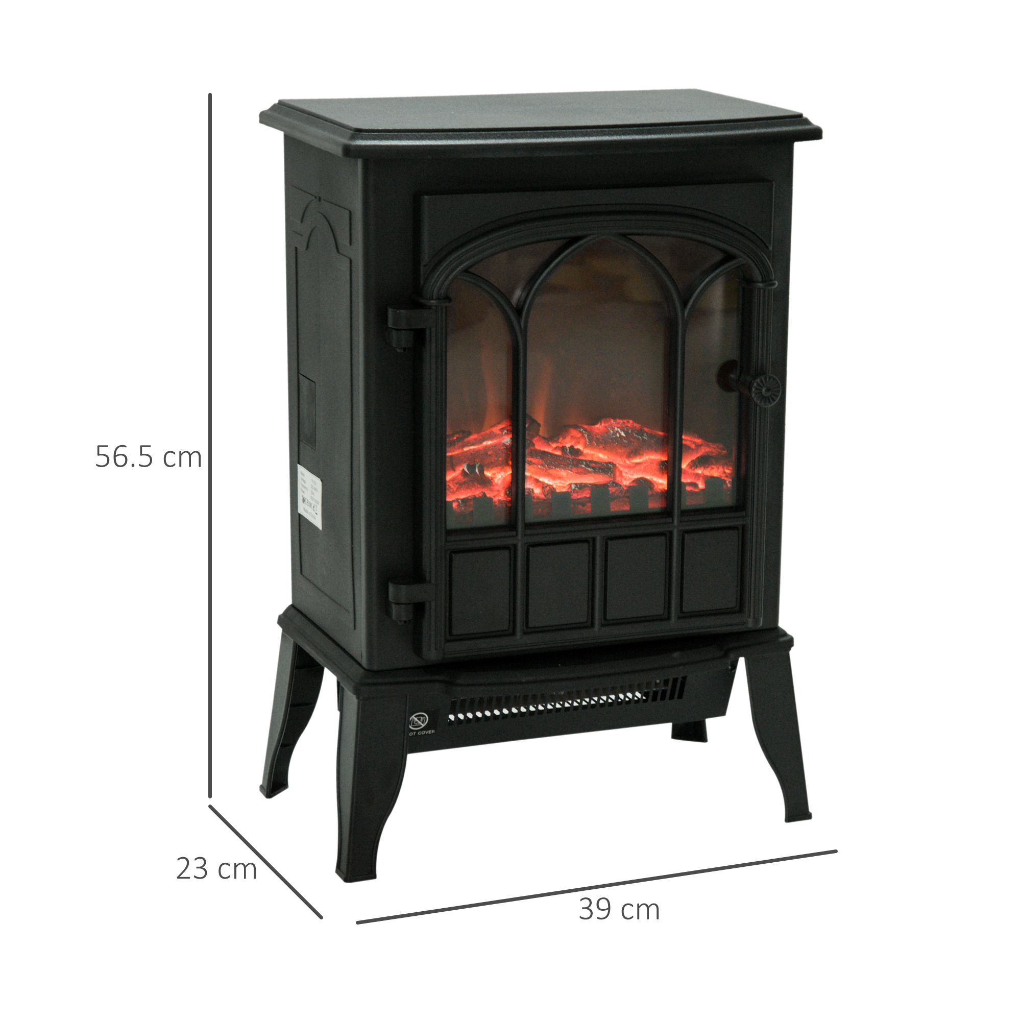 Caminetto elettrico nero con misure. Dimensioni: altezza 56,5 cm, larghezza 23 cm e profondità 39 cm.