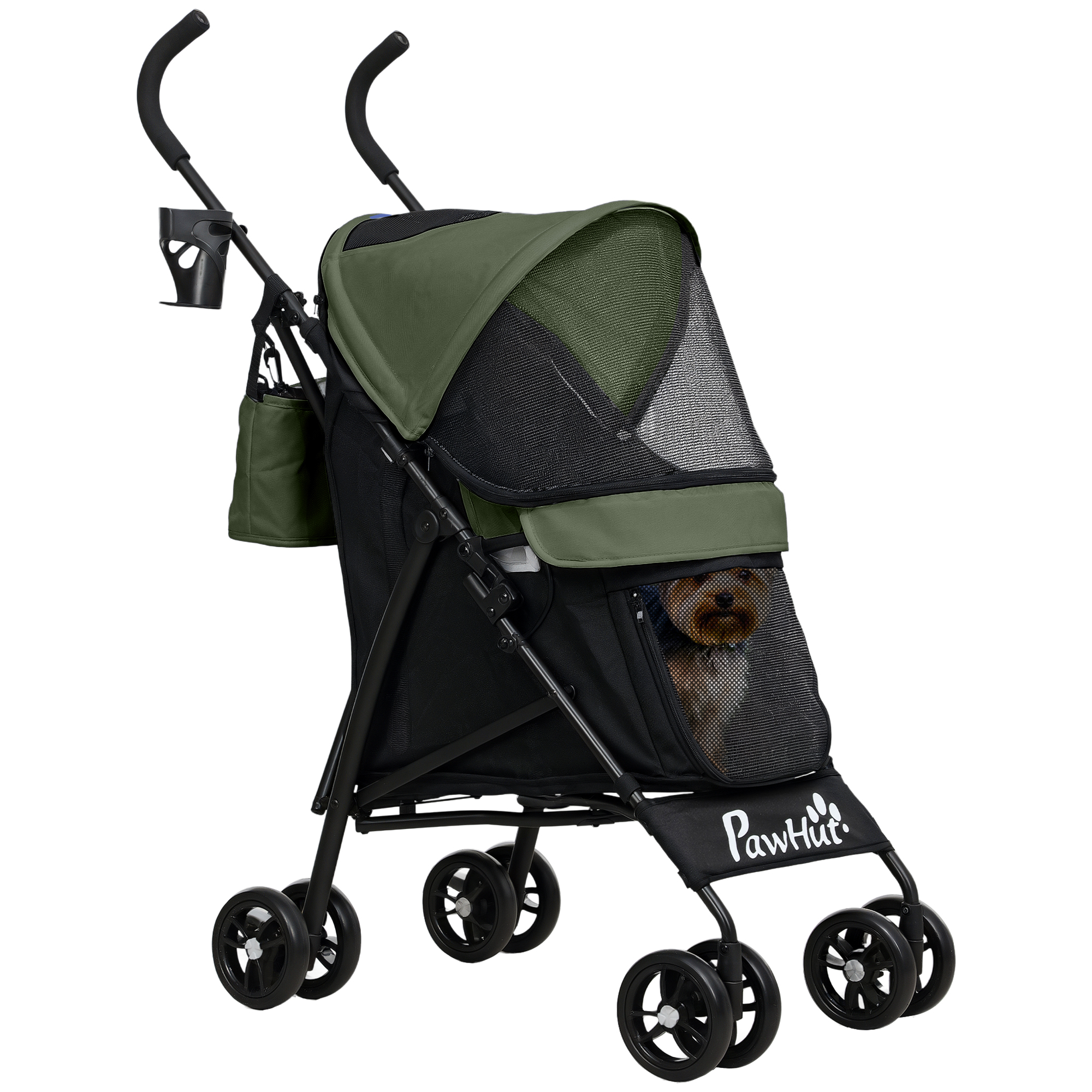Un cane in un passeggino, con copertura verde e ruote.