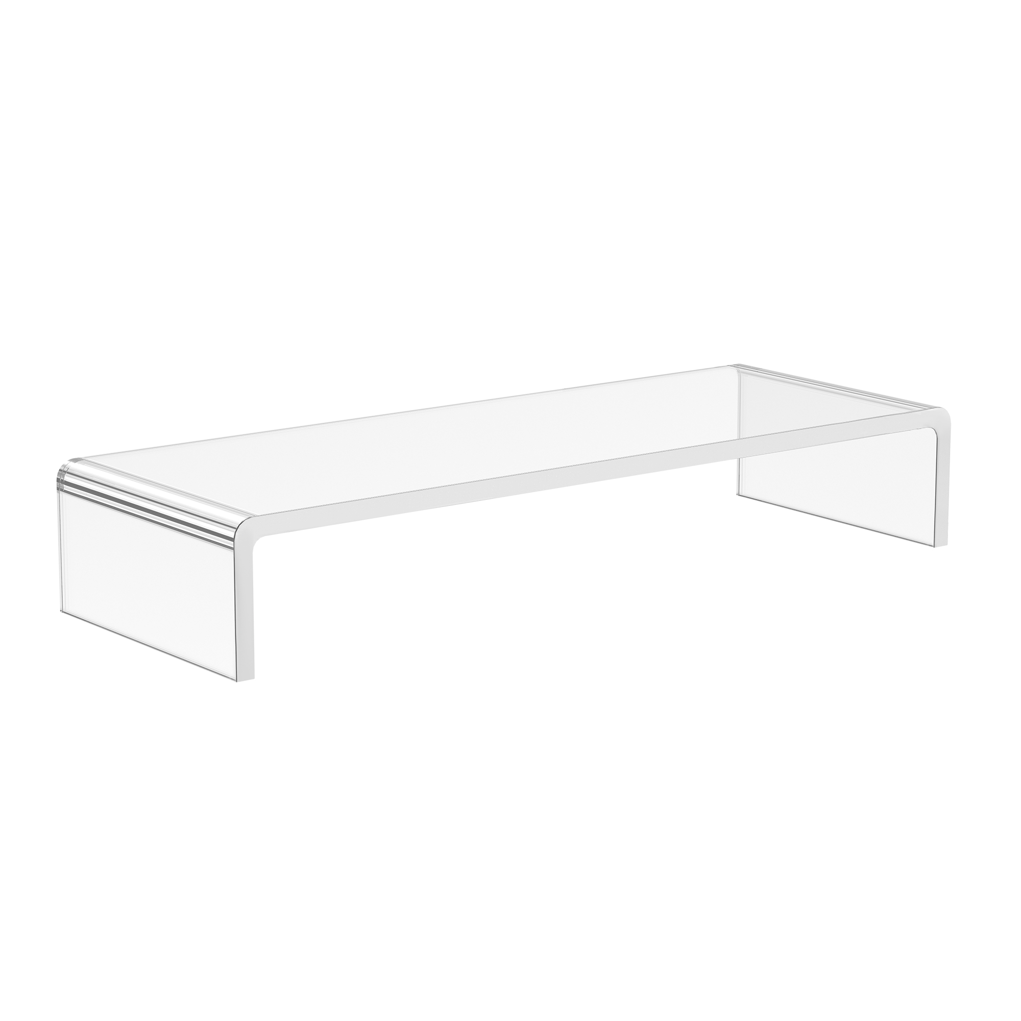 Supporto per monitor in acrilico trasparente su sfondo bianco.
