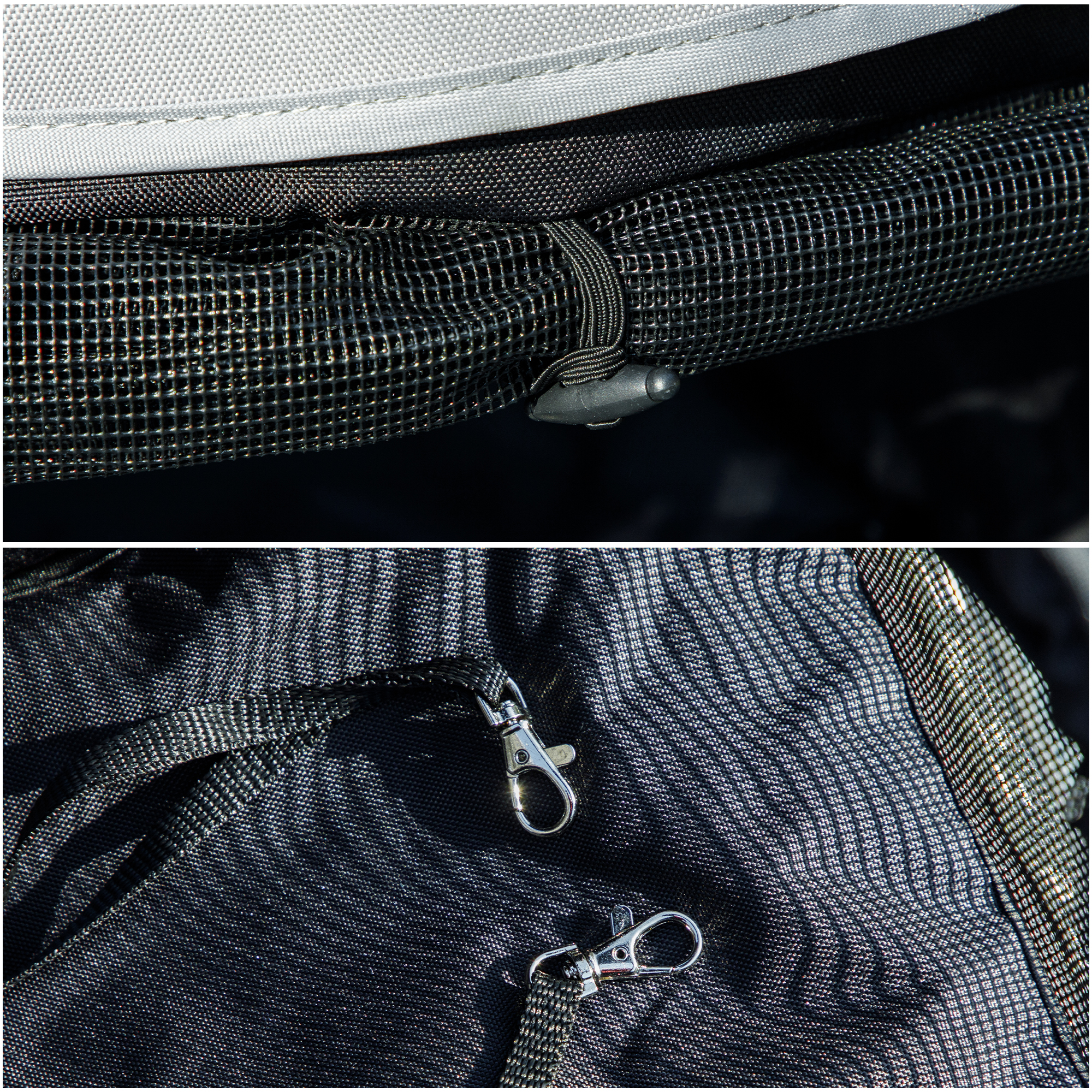 Primo piano di una borsa a rete con chiusura nera.