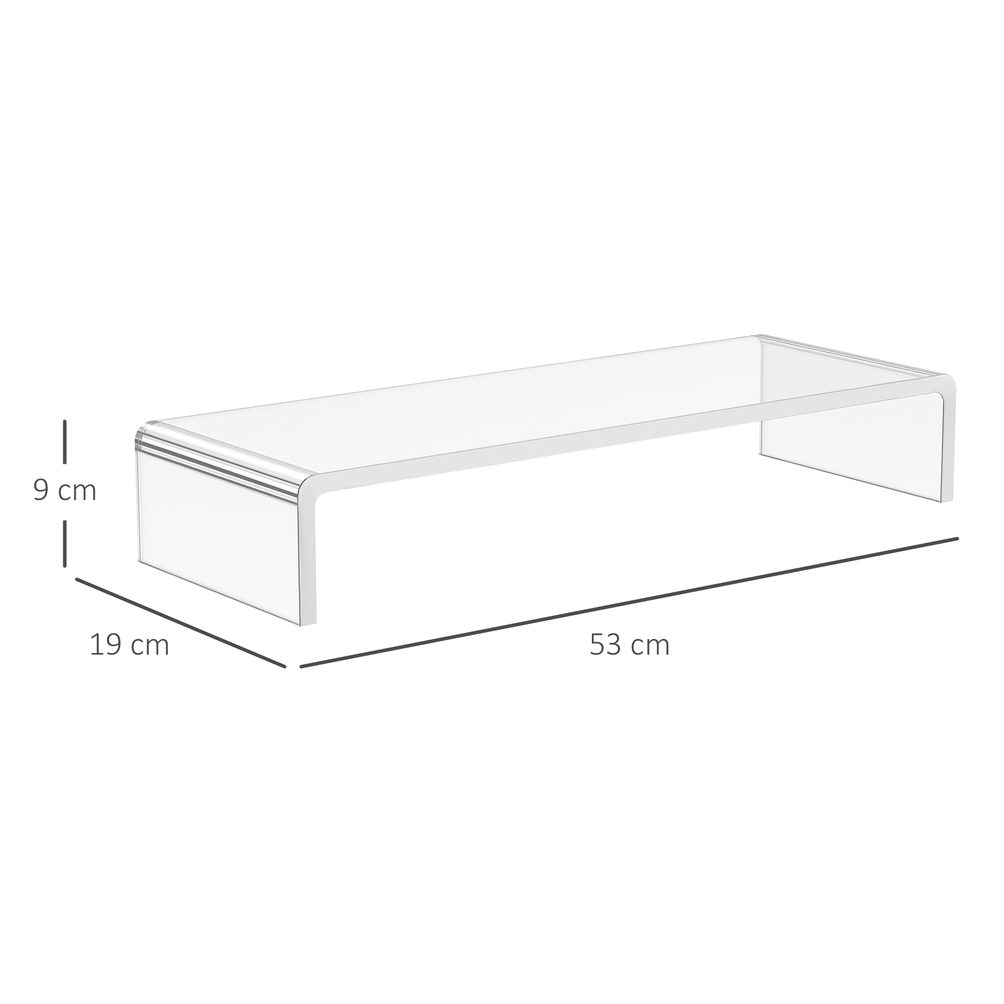 Tavolino da caffè in acrilico trasparente con dimensioni. Lunghezza: 53 cm, larghezza: 19 cm, altezza: 9 cm.