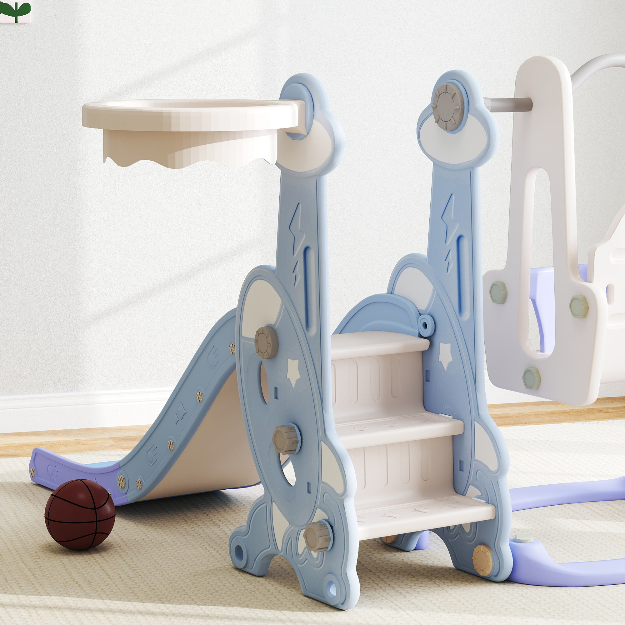 Un set da parco giochi per bambini blu e bianco con scivolo e canestro.