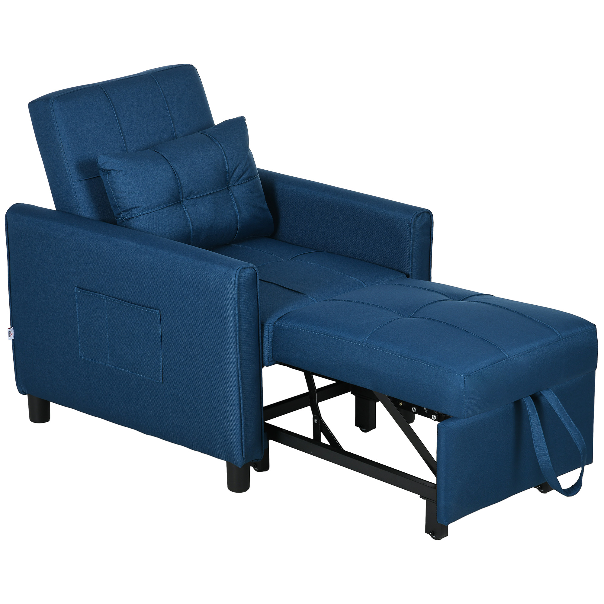 Un divano in tessuto blu convertibile in letto, con un cuscino.
