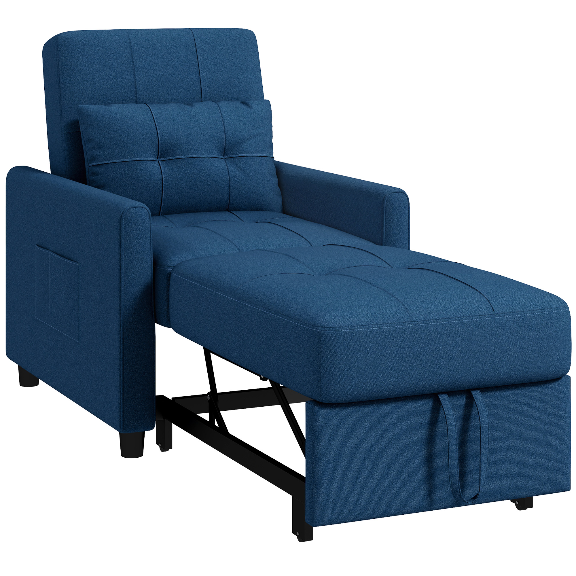 Divano letto in tessuto blu con cuscino quadrato. Il poggiapiedi è esteso.