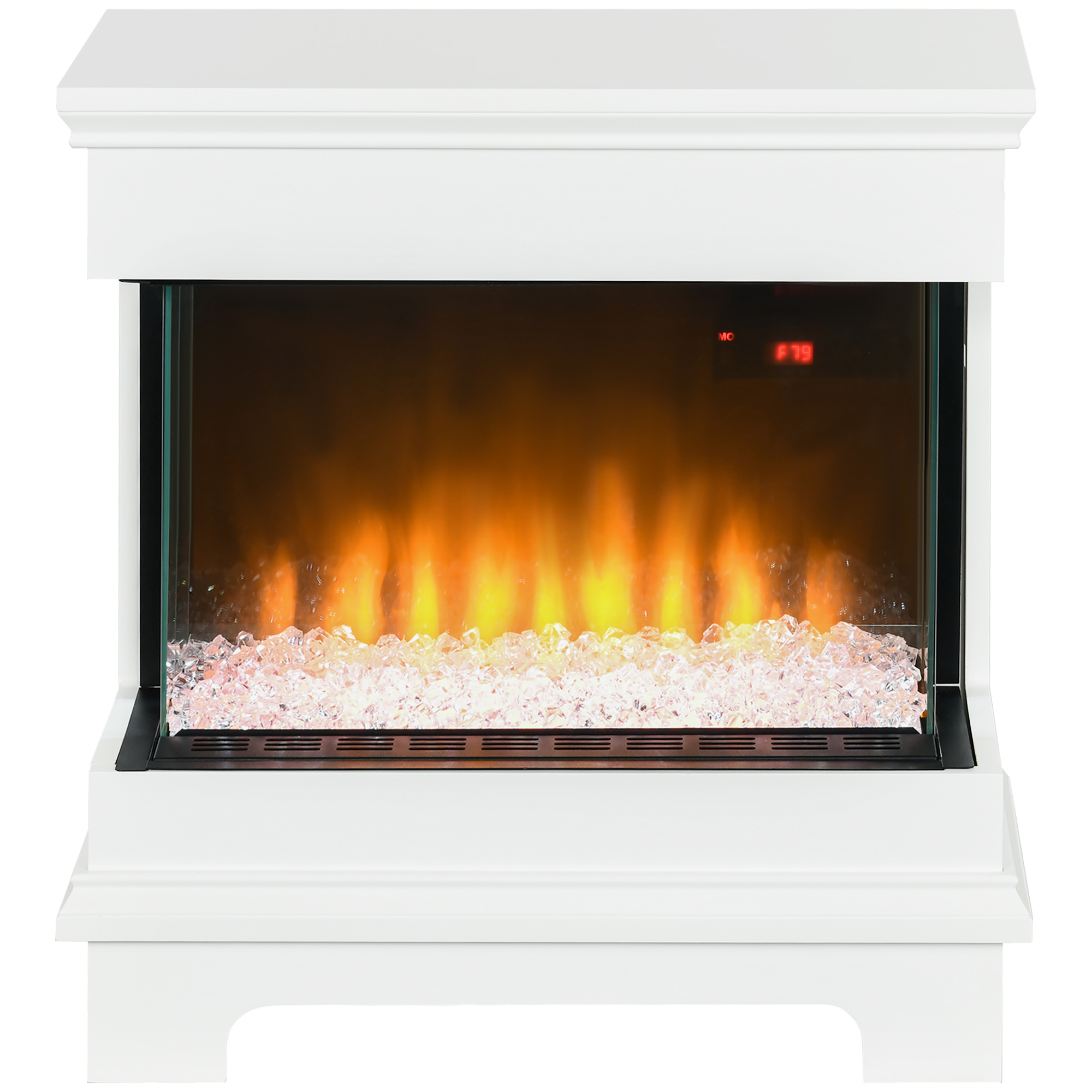 Un caminetto bianco con un fronte in vetro che mostra fiamme e cristalli arancioni incandescenti.