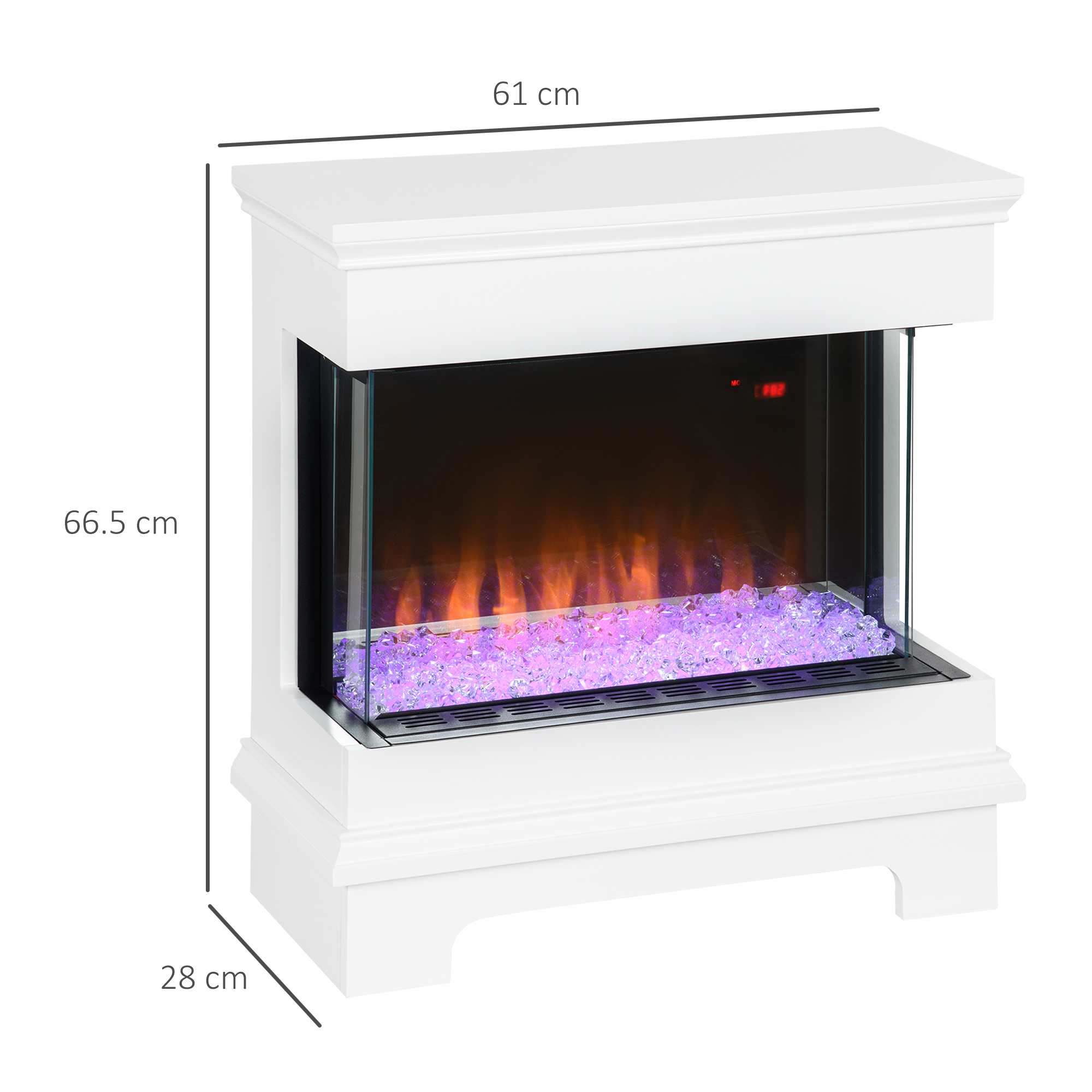 Caminetto elettrico bianco con frontale in vetro e fiamme finte. Dimensioni in cm.