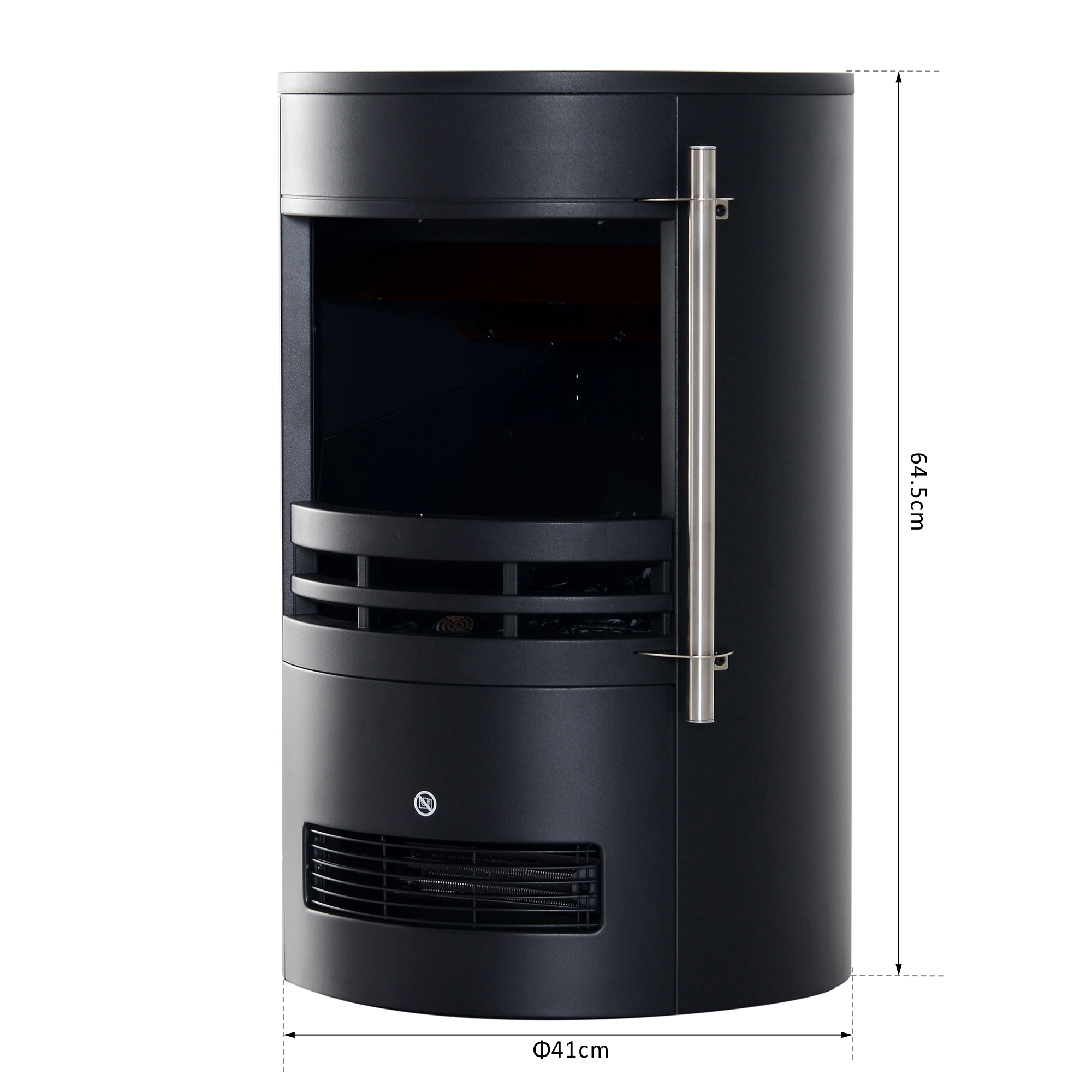 Caminetto elettrico nero. Forma cilindrica. Maniglia argentata. Dimensioni: altezza 64,5 cm, diametro 41 cm.