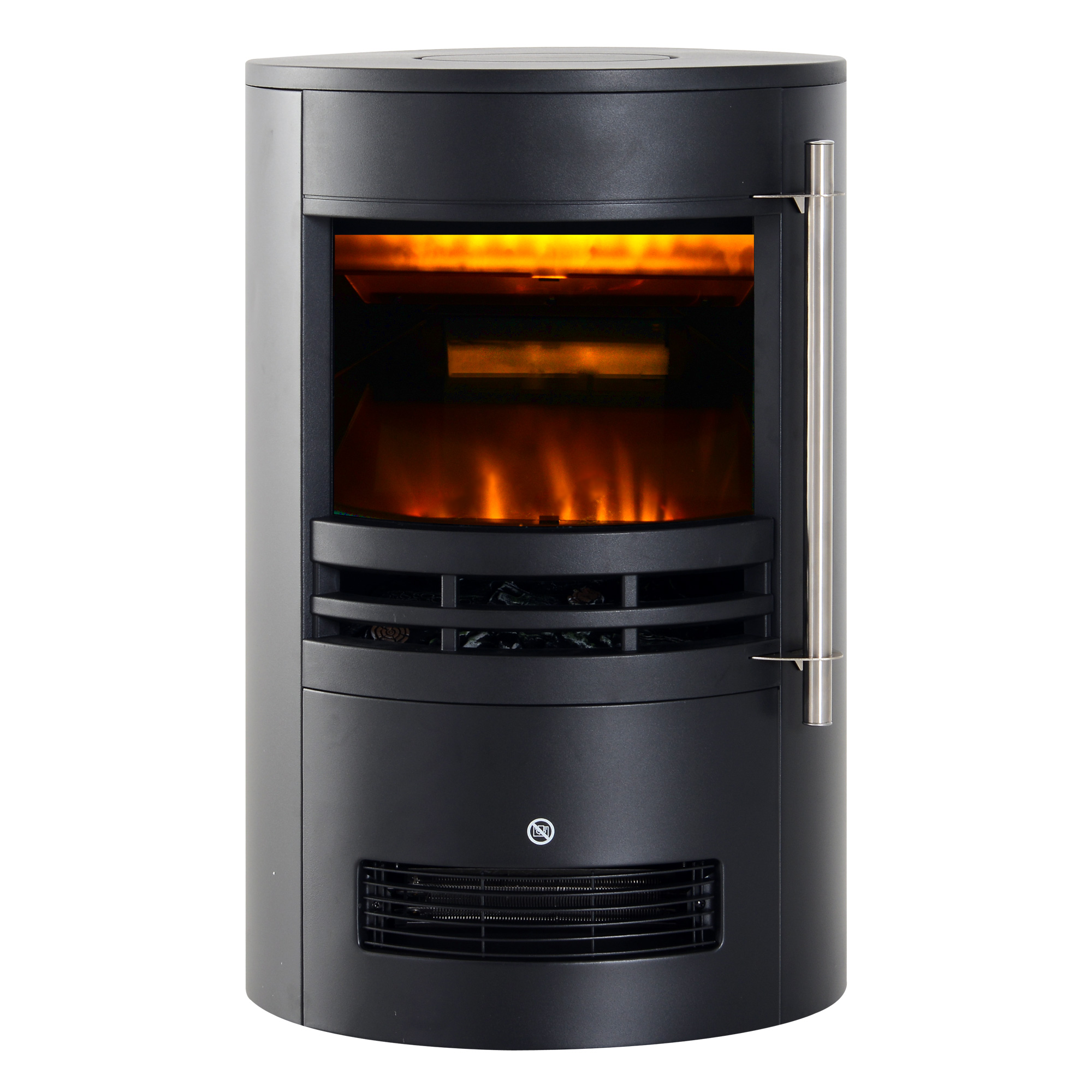 Caminetto elettrico nero, forma rotonda, con fiamme finte visibili. Con maniglia.