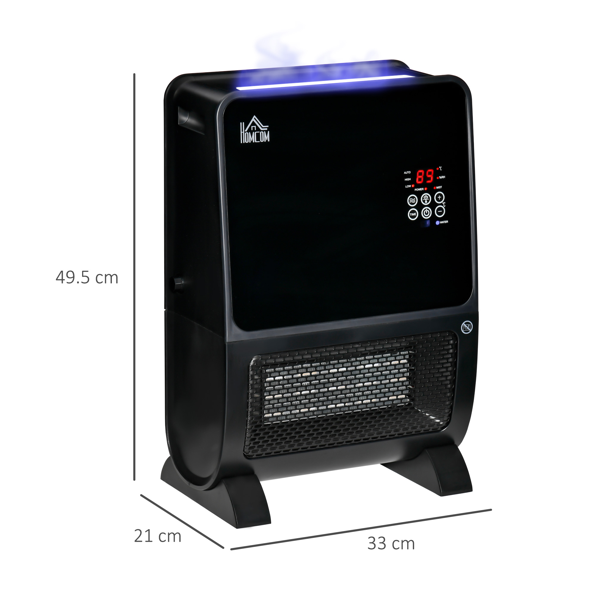 Un riscaldatore elettrico nero con display della temperatura su sfondo bianco. Sono indicate le dimensioni.