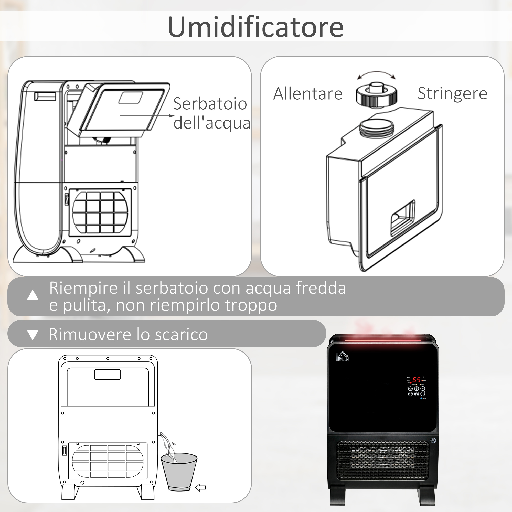 Istruzioni su come riempire un umidificatore. I passaggi mostrano come riempire e svuotare il serbatoio.