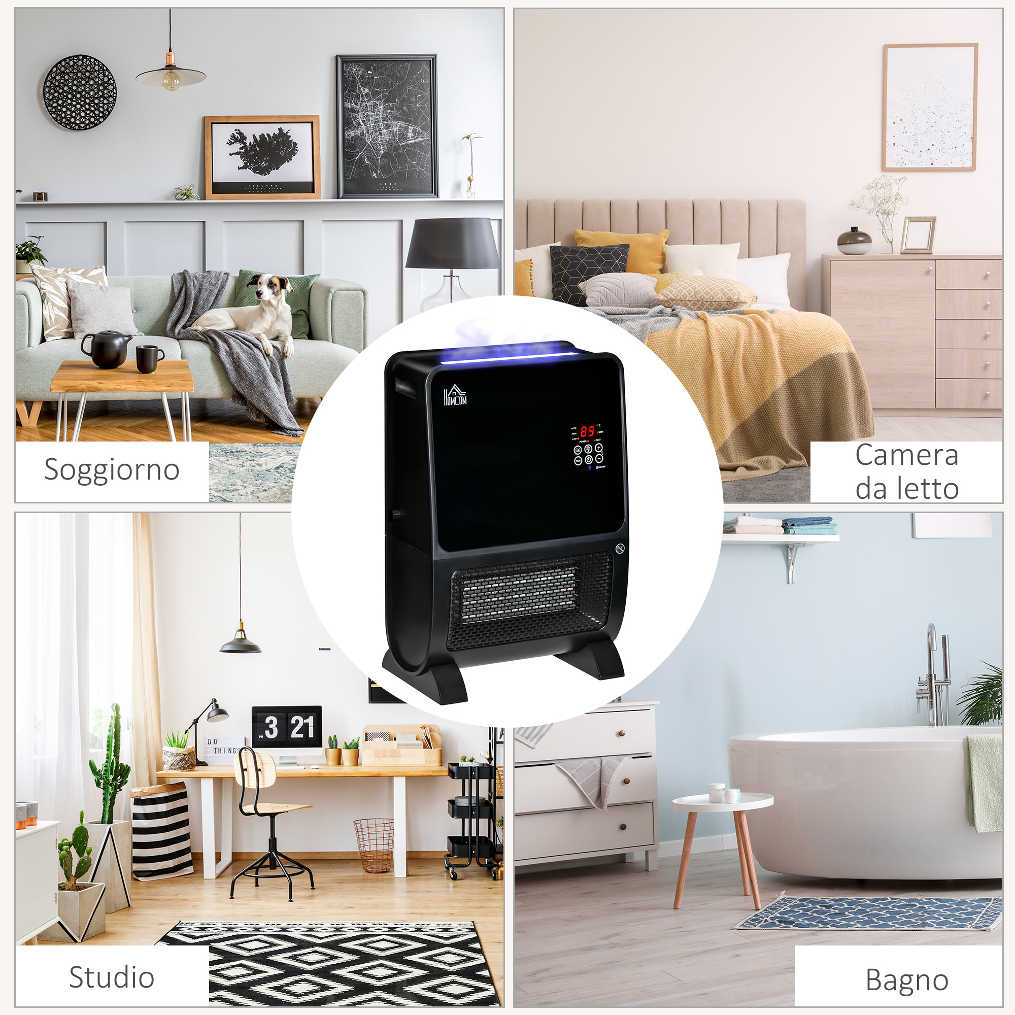 Termoventilatore elettrico nero in quattro stanze diverse. Il termoventilatore è al centro dell'immagine.