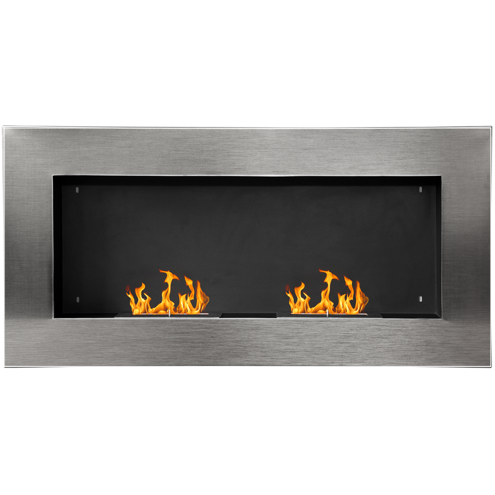Caminetto argentato con fiamme. Forma rettangolare, con sfondo nero. Design orizzontale.