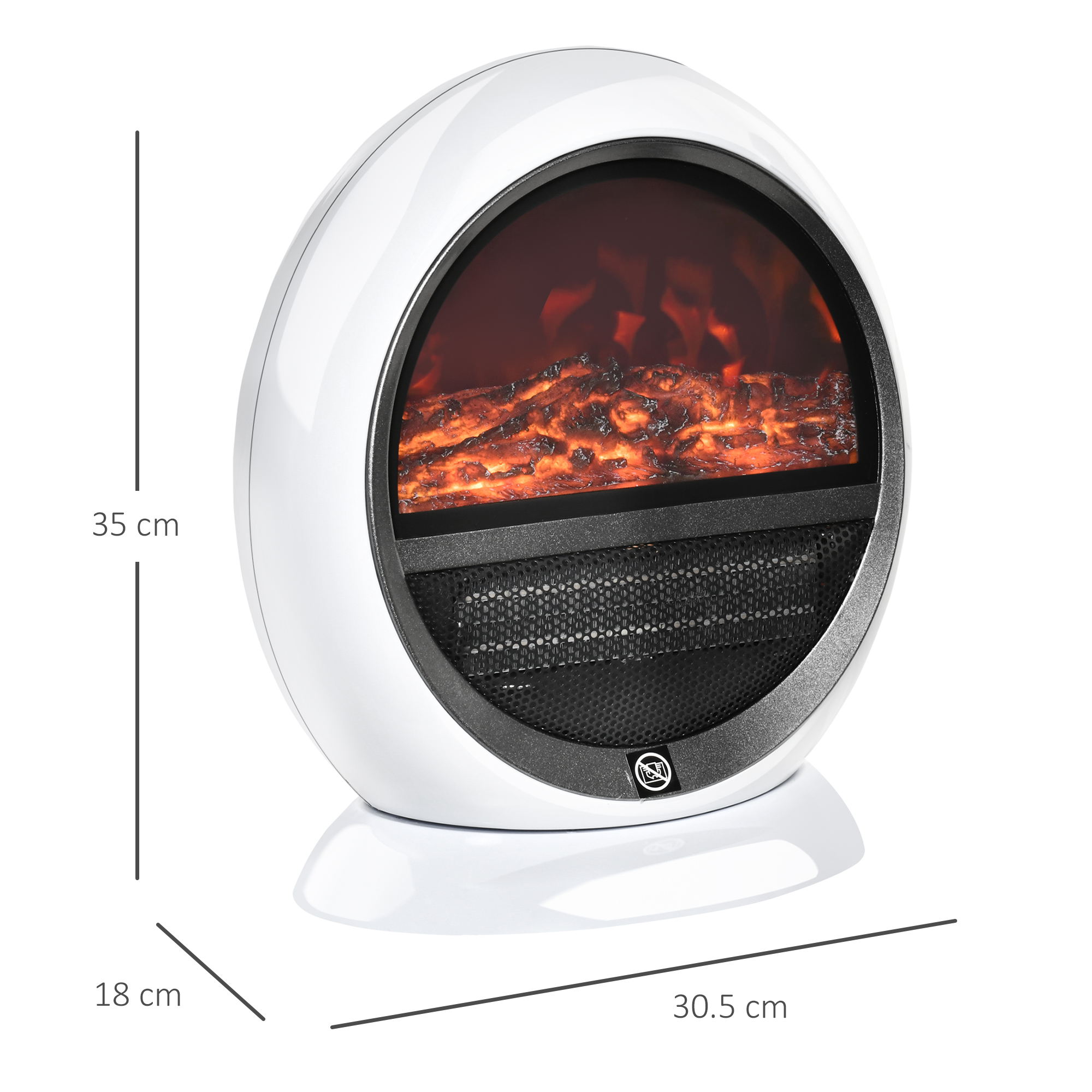 Caminetto elettrico ovale bianco con fiamme finte. Le dimensioni sono visibili.