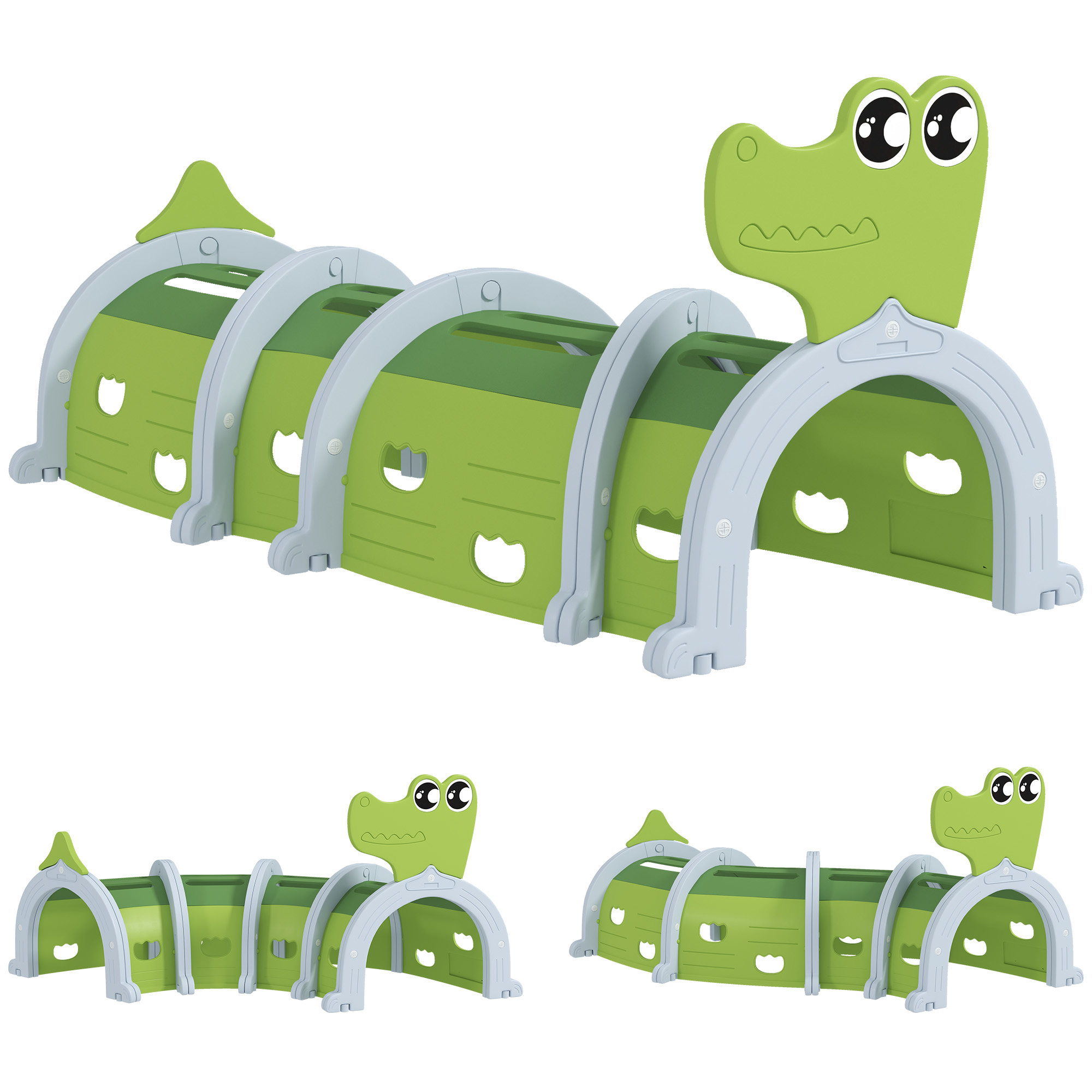 Un tunnel di gioco verde a forma di coccodrillo per bambini, con multiple aperture ad arco per gattonare.