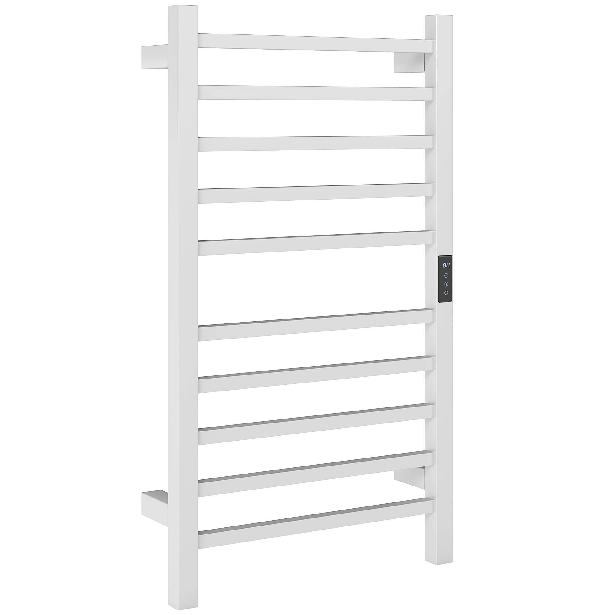 Scaldasalviette bianco con barre orizzontali e un pannello di controllo digitale.
