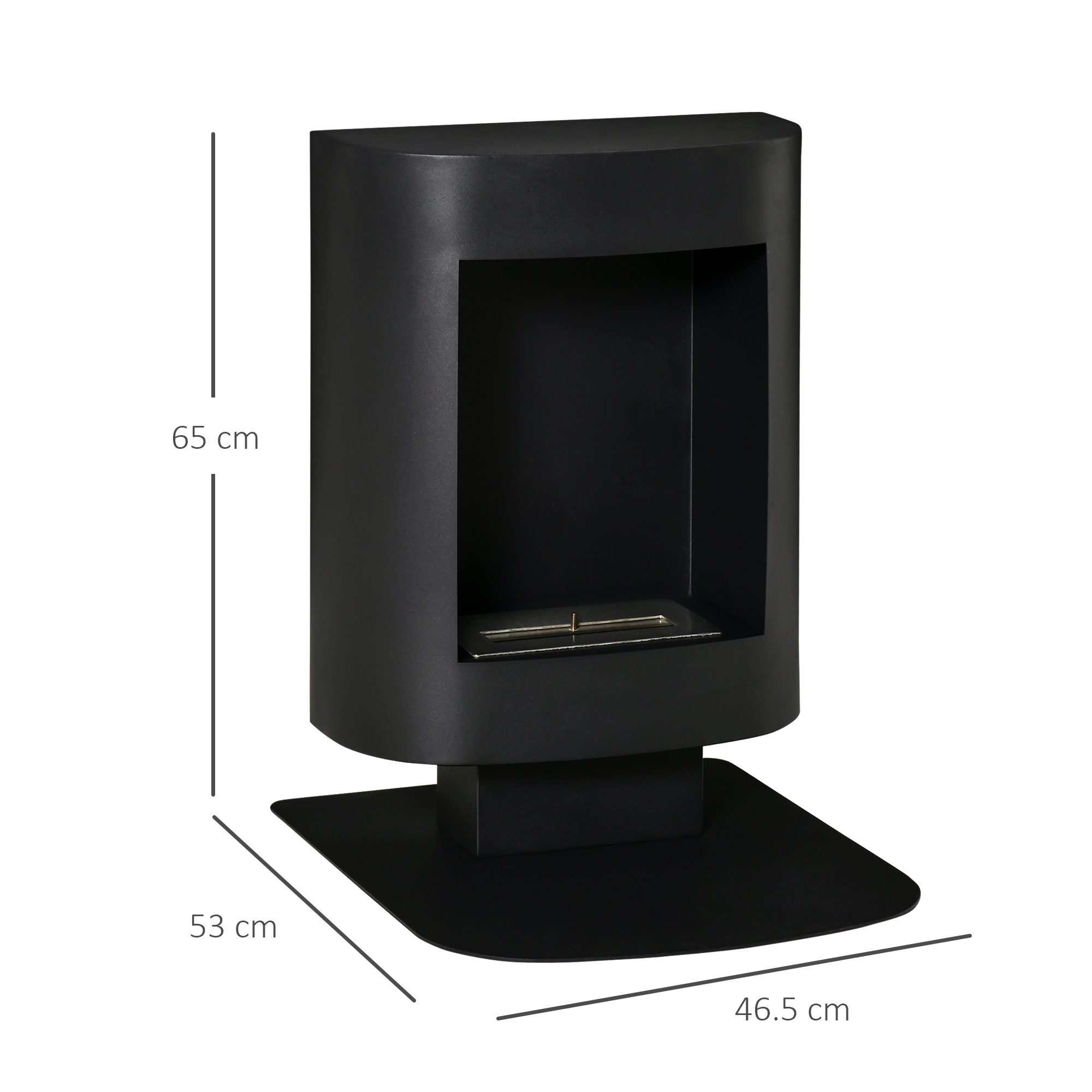 Caminetto nero, forma cilindrica. Dimensioni: 65 cm di altezza, 53 cm di larghezza, 46,5 cm di profondità. Base quadrata.