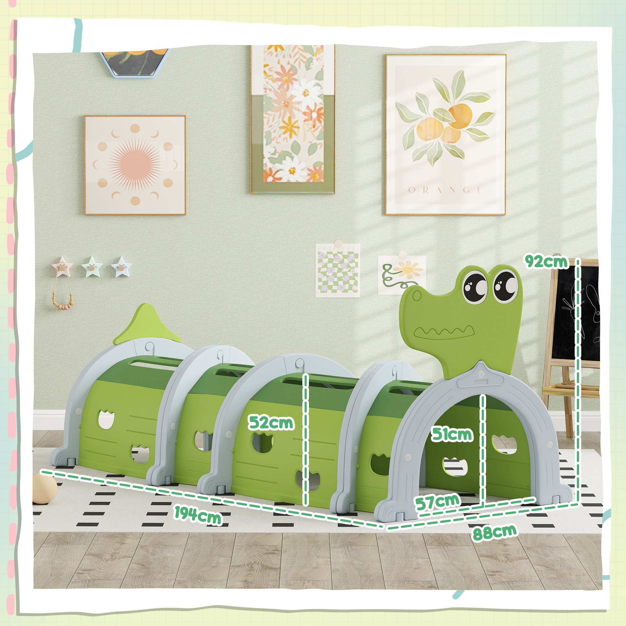 Struttura gioco per bambini a forma di coccodrillo verde con archi e lavagna.