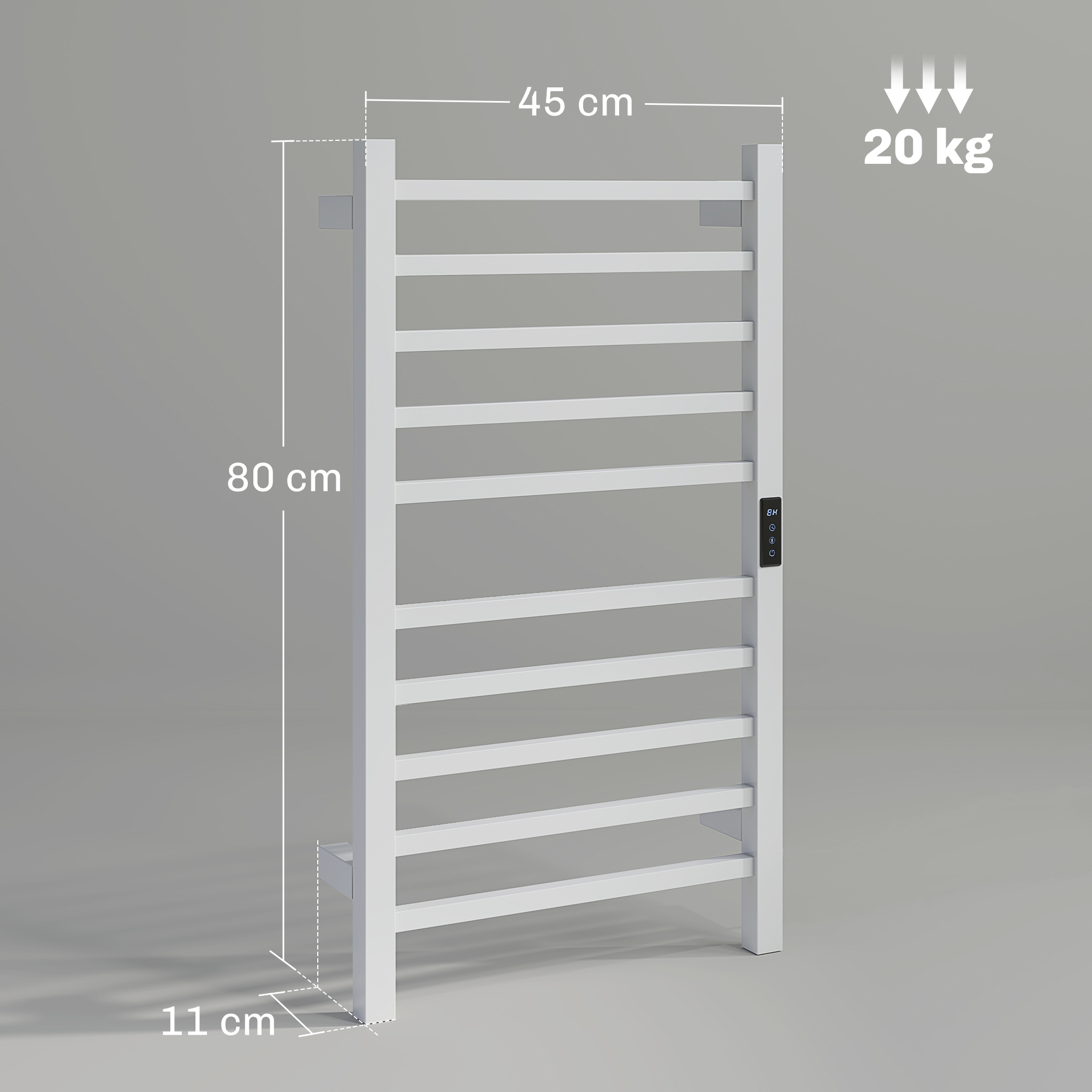 Scaldasalviette bianco con dimensioni e peso su sfondo grigio.