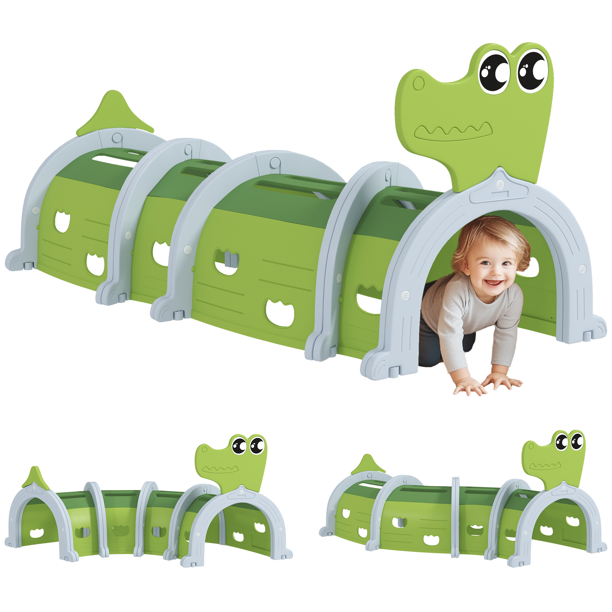 Un tunnel gioco verde a forma di coccodrillo con un bambino che lo attraversa. Il tunnel è in un parco giochi.